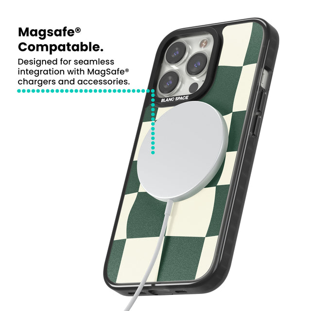 Green & Cream Wavy Check Magsafe Black Impact Phone Case for iPhone 13 Pro, iPhone 14 Pro, iPhone 15 Pro