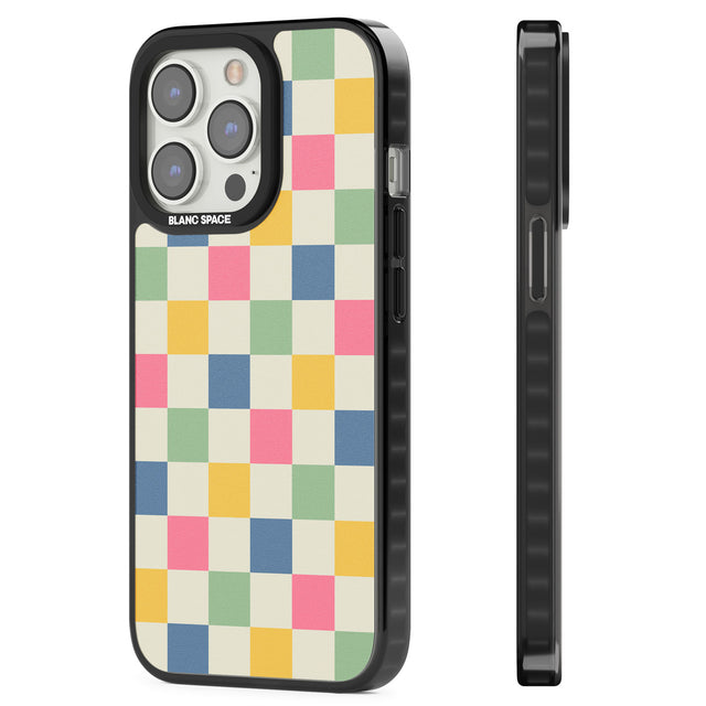 Pastel Multicolor Checkered Magsafe Black Impact Phone Case for iPhone 13 Pro, iPhone 14 Pro, iPhone 15 Pro