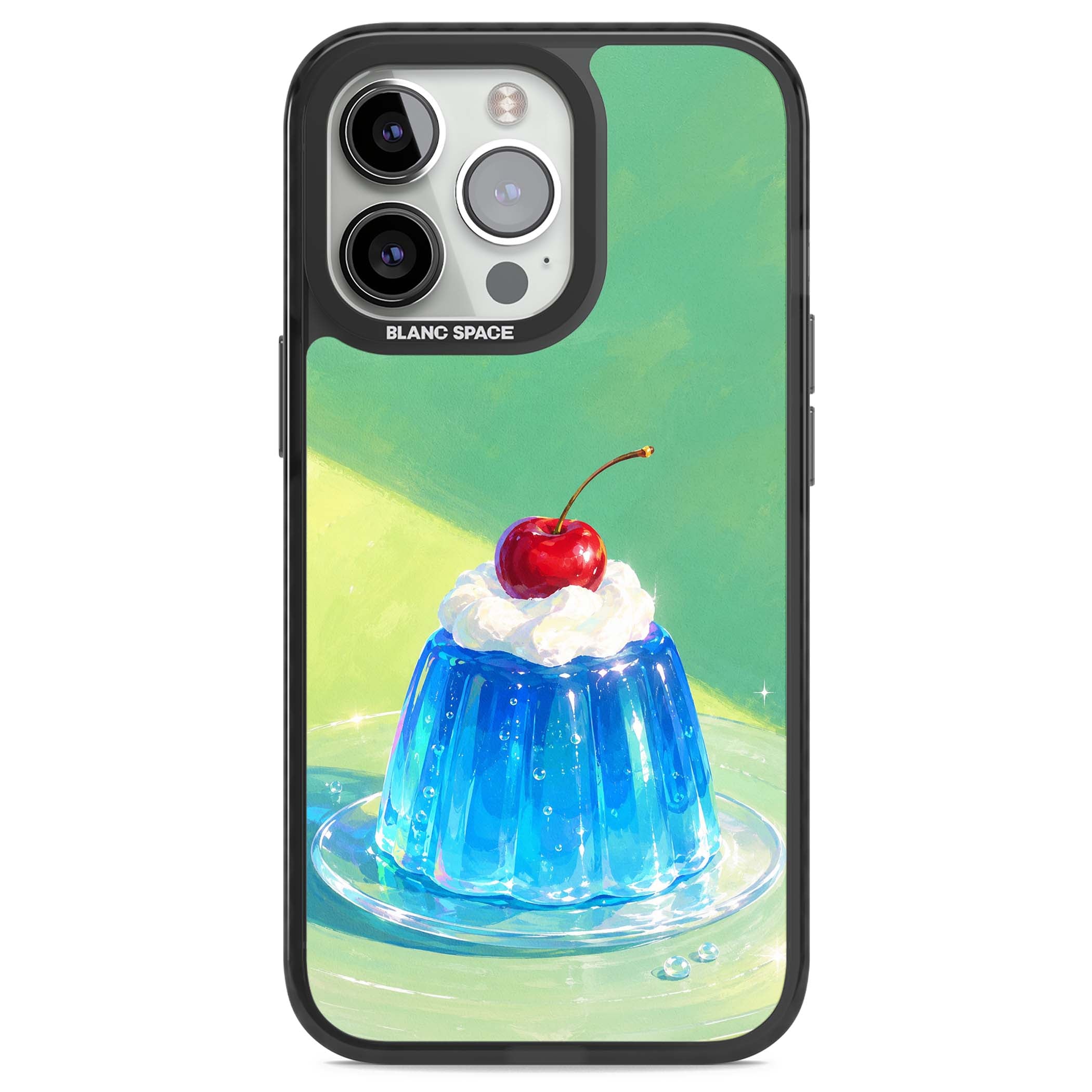 Cherry Jelly kawaii dessert iPhone case featuring blue jelly pudding, whipped cream and a red cherry | Black Impact Magsafe case for iPhone 13 Pro, iPhone 14 Pro, iPhone 15 Pro
