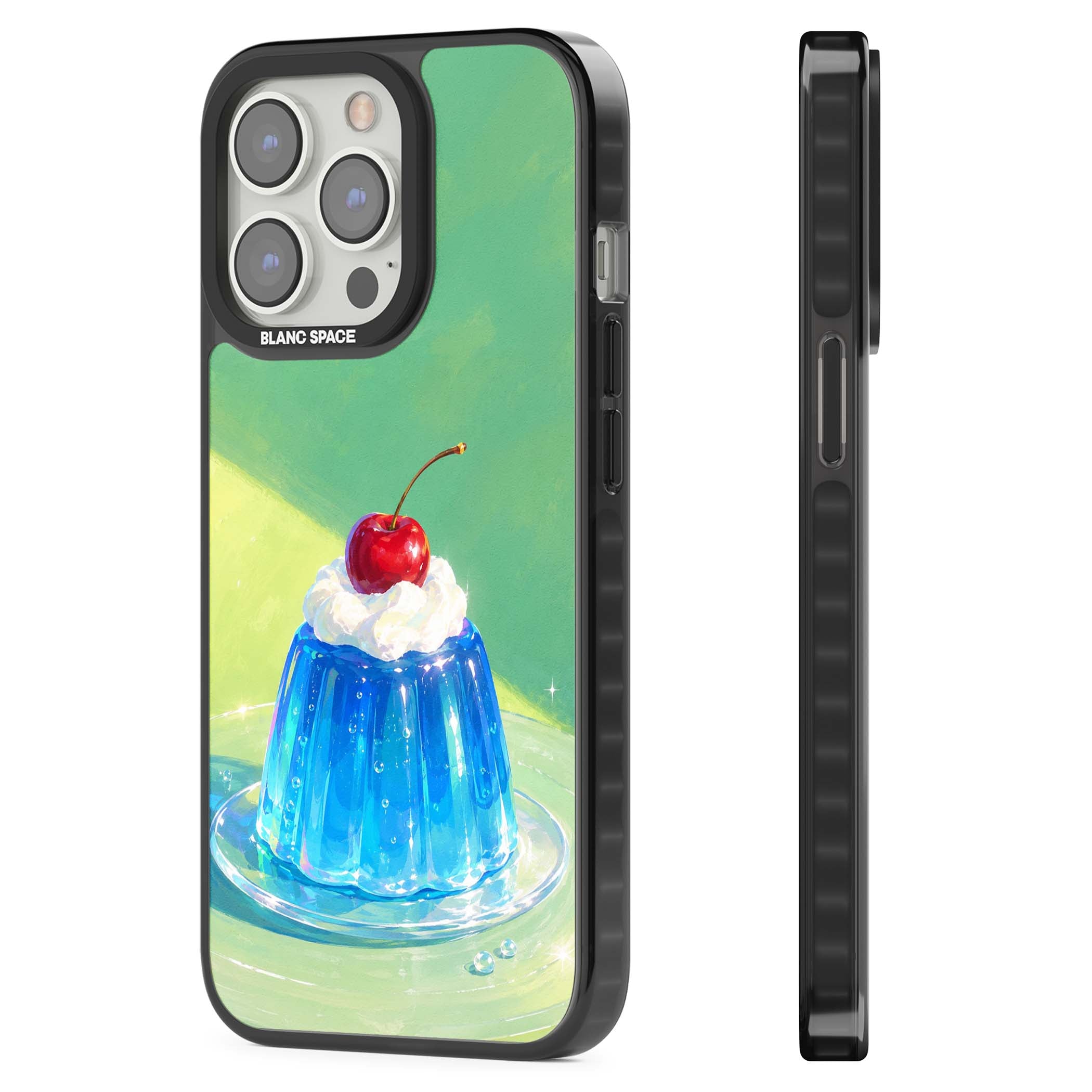 Cherry Jelly kawaii dessert iPhone case featuring blue jelly pudding, whipped cream and a red cherry | Black Impact Magsafe case for iPhone 13 Pro, iPhone 14 Pro, iPhone 15 Pro