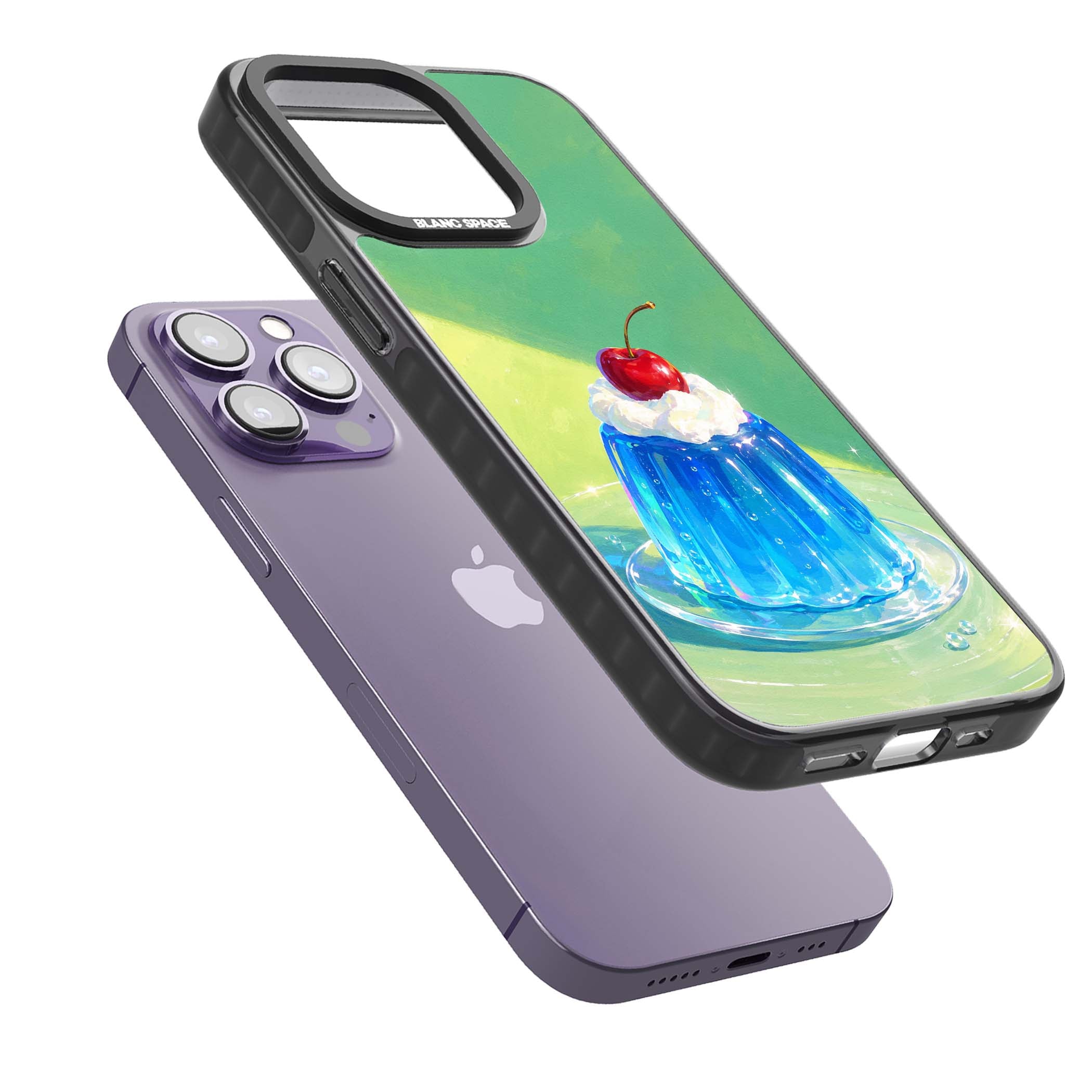 Cherry Jelly kawaii dessert iPhone case featuring blue jelly pudding, whipped cream and a red cherry | Black Impact Magsafe case for iPhone 13 Pro, iPhone 14 Pro, iPhone 15 Pro