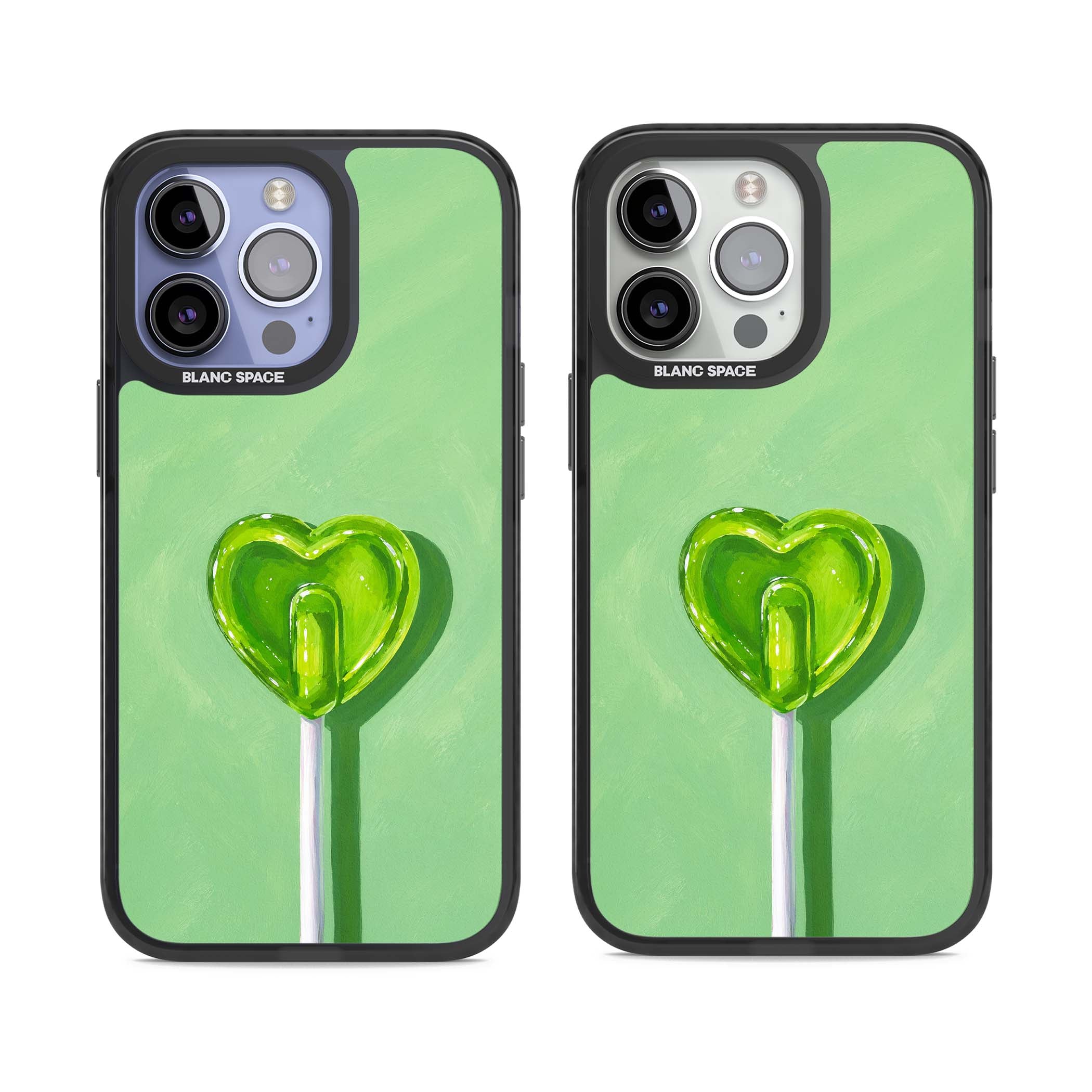 Green Lollipop candy art iPhone case featuring a glossy green heart-shaped lollipop on a painted pastel green background | Black Impact Magsafe case for iPhone 13 Pro, iPhone 14 Pro, iPhone 15 Pro