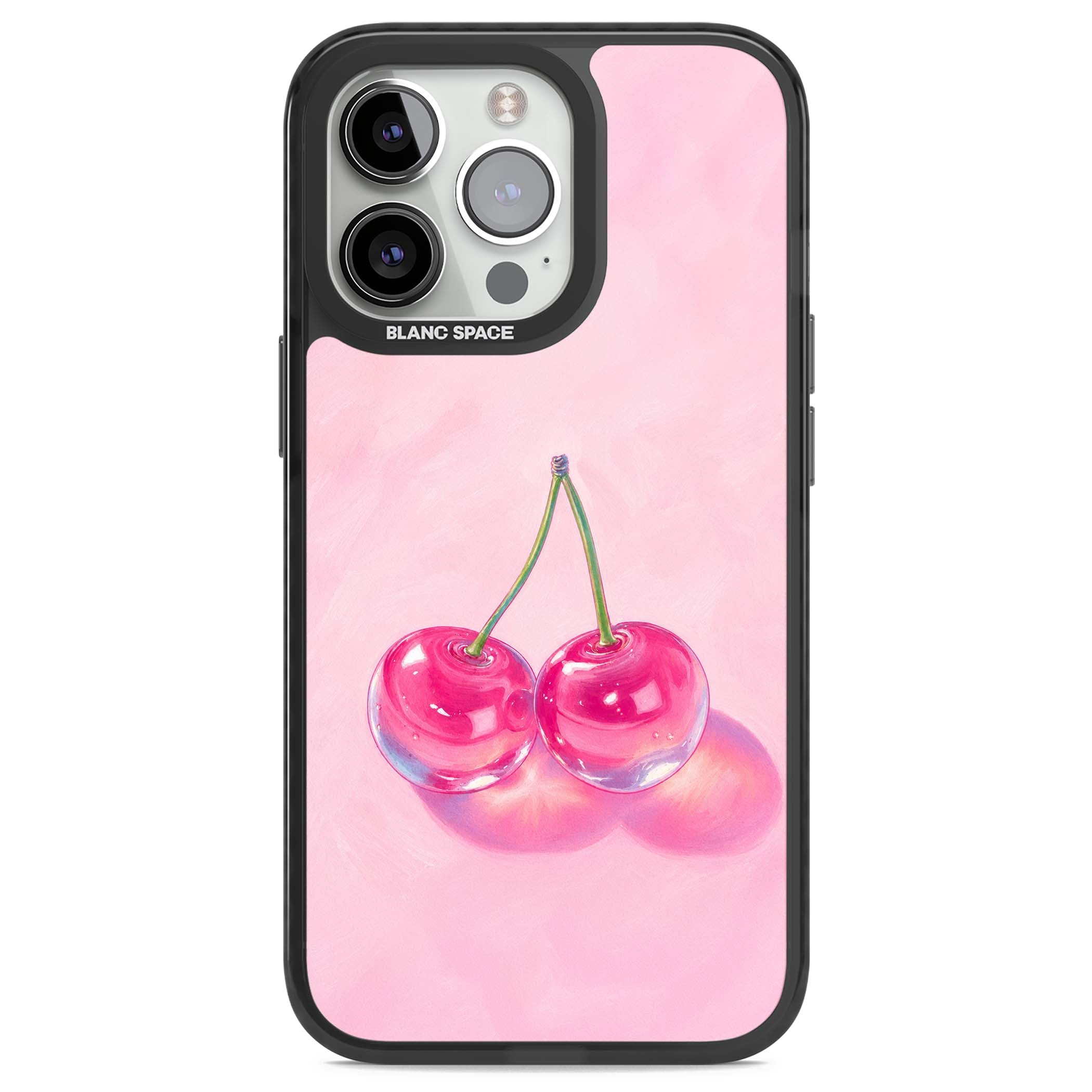 Pink Glass Cherry coquette iPhone case featuring two glossy painted cherries on a soft pink background | Black Impact Magsafe case for iPhone 13 Pro, iPhone 14 Pro, iPhone 15 Pro