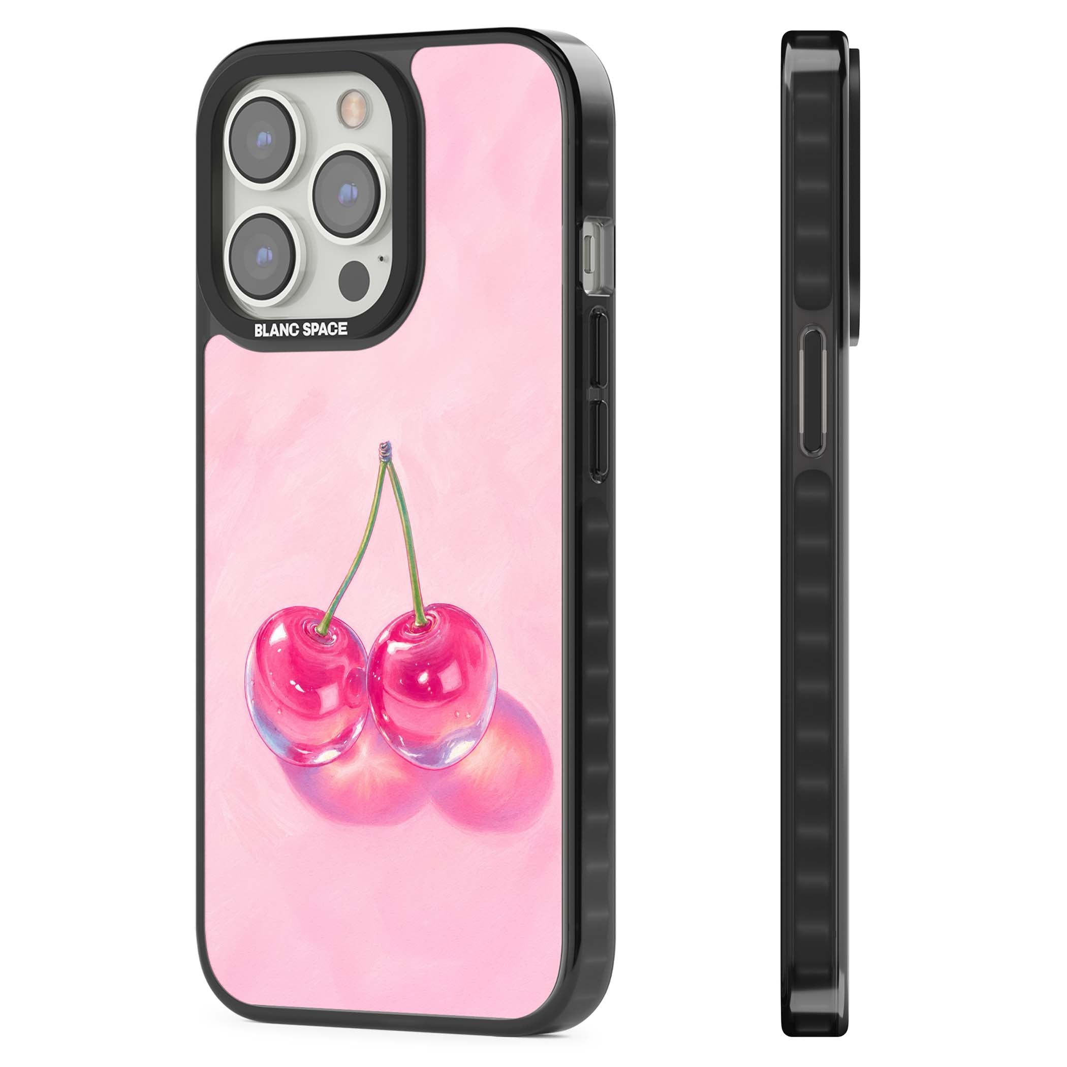 Pink Glass Cherry coquette iPhone case featuring two glossy painted cherries on a soft pink background | Black Impact Magsafe case for iPhone 13 Pro, iPhone 14 Pro, iPhone 15 Pro