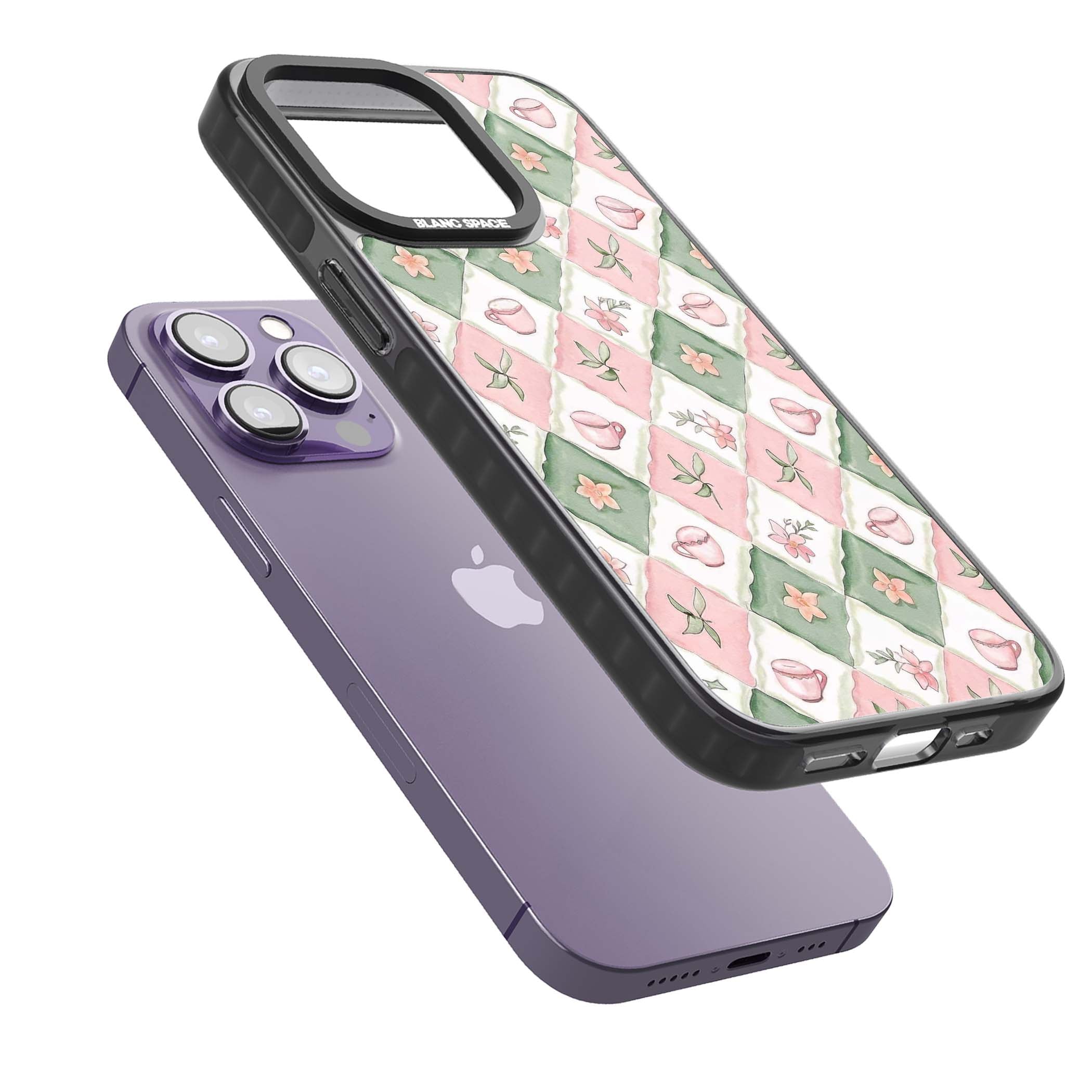 Garden Tea Party coquette iPhone case with pink and green checkered pattern, watercolour teacups and wildflowers | Black Impact Magsafe case for iPhone 13 Pro, iPhone 14 Pro, iPhone 15 Pro