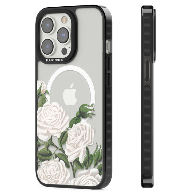 White Vintage Painted Flowers Magsafe Black Impact Phone Case for iPhone 13 Pro, iPhone 14 Pro, iPhone 15 Pro