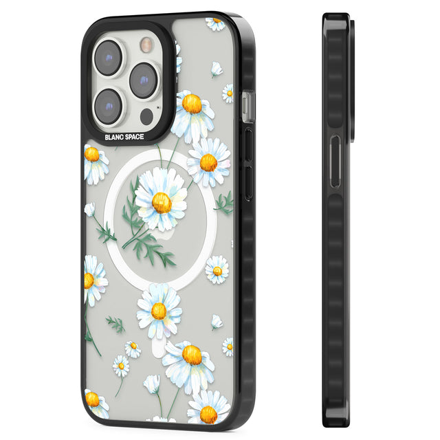 Vintage Painted Daisies Magsafe Black Impact Phone Case for iPhone 13 Pro, iPhone 14 Pro, iPhone 15 Pro