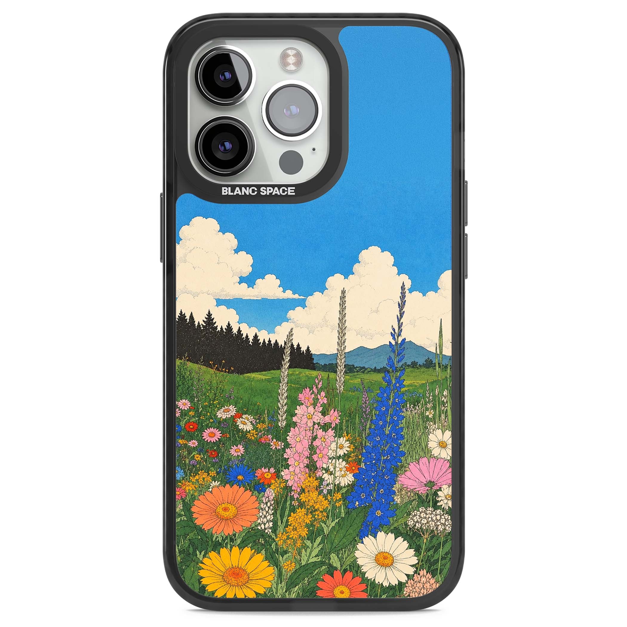 Wildbloom wildflower iPhone case featuring a vintage Japanese-style meadow landscape with daisies, delphiniums and moun | Black Impact Magsafe case for iPhone 13 Pro, iPhone 14 Pro, iPhone 15 Pro