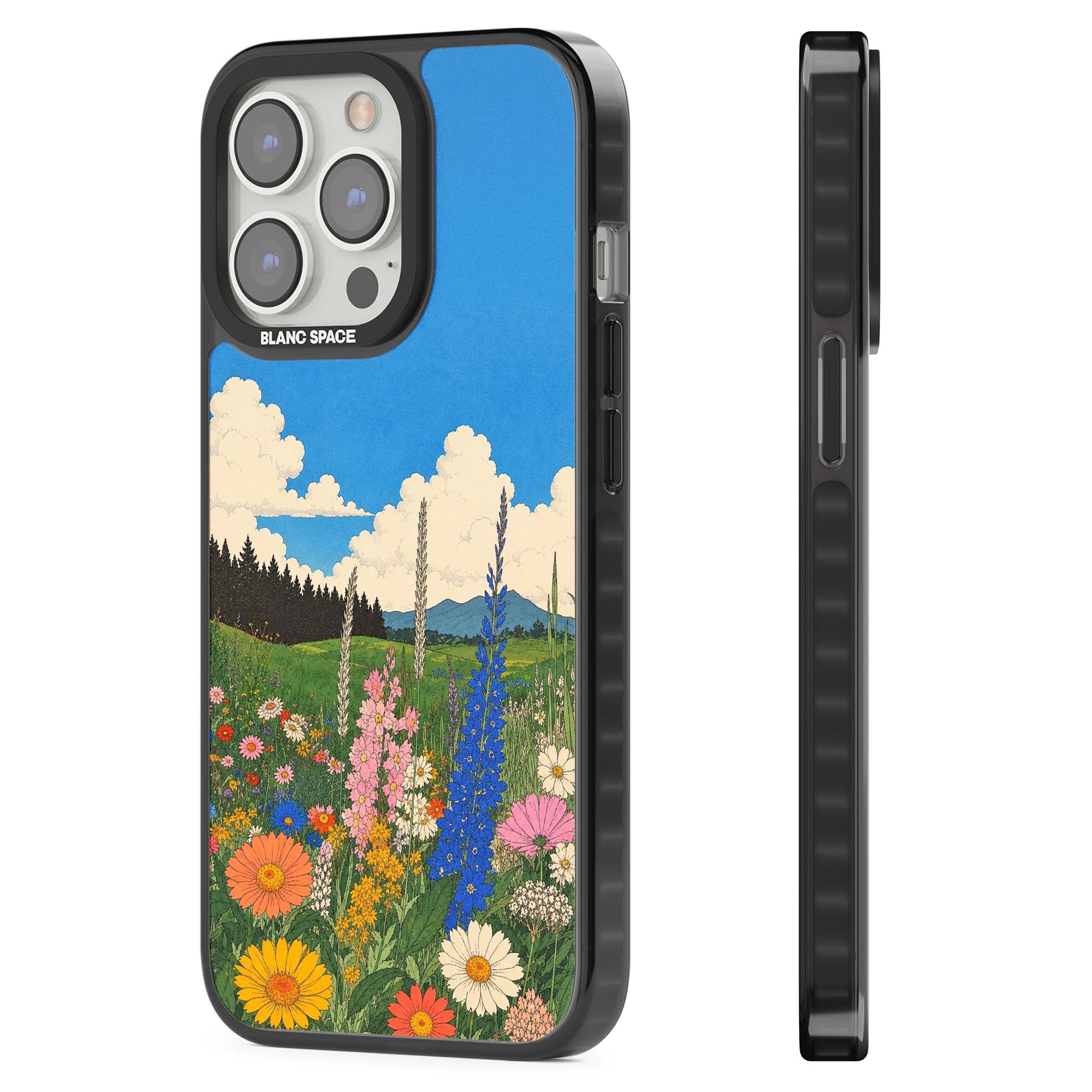Wildbloom wildflower iPhone case featuring a vintage Japanese-style meadow landscape with daisies, delphiniums and moun | Black Impact Magsafe case for iPhone 13 Pro, iPhone 14 Pro, iPhone 15 Pro