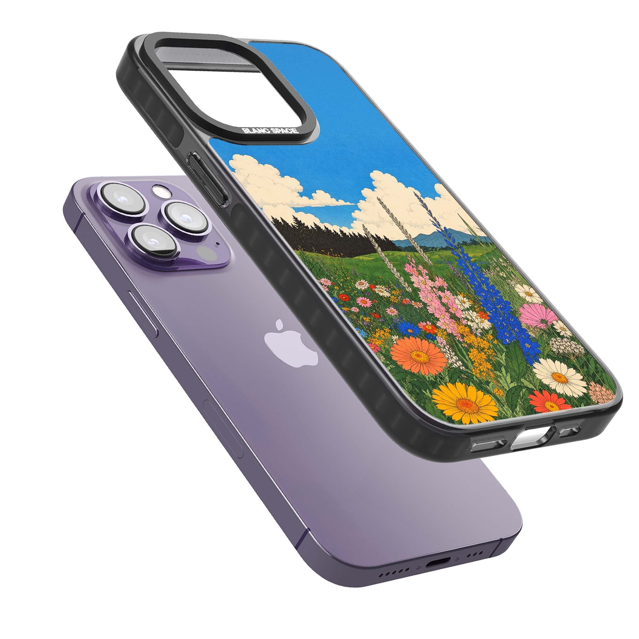 Wildbloom wildflower iPhone case featuring a vintage Japanese-style meadow landscape with daisies, delphiniums and moun | Black Impact Magsafe case for iPhone 13 Pro, iPhone 14 Pro, iPhone 15 Pro
