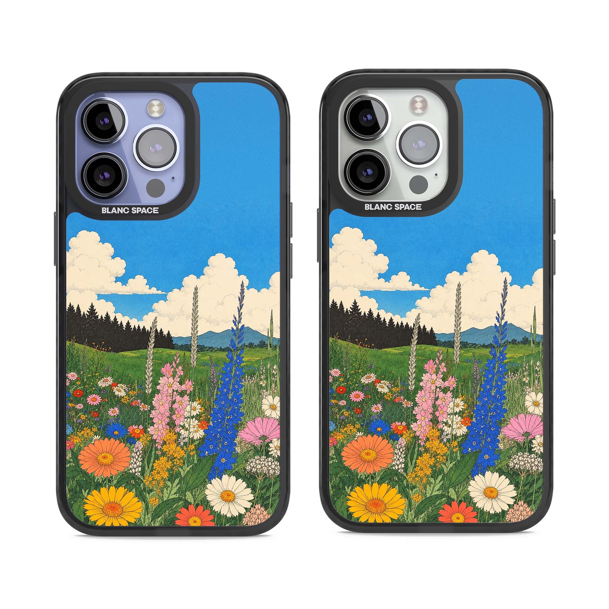 Wildbloom wildflower iPhone case featuring a vintage Japanese-style meadow landscape with daisies, delphiniums and moun | Black Impact Magsafe case for iPhone 13 Pro, iPhone 14 Pro, iPhone 15 Pro