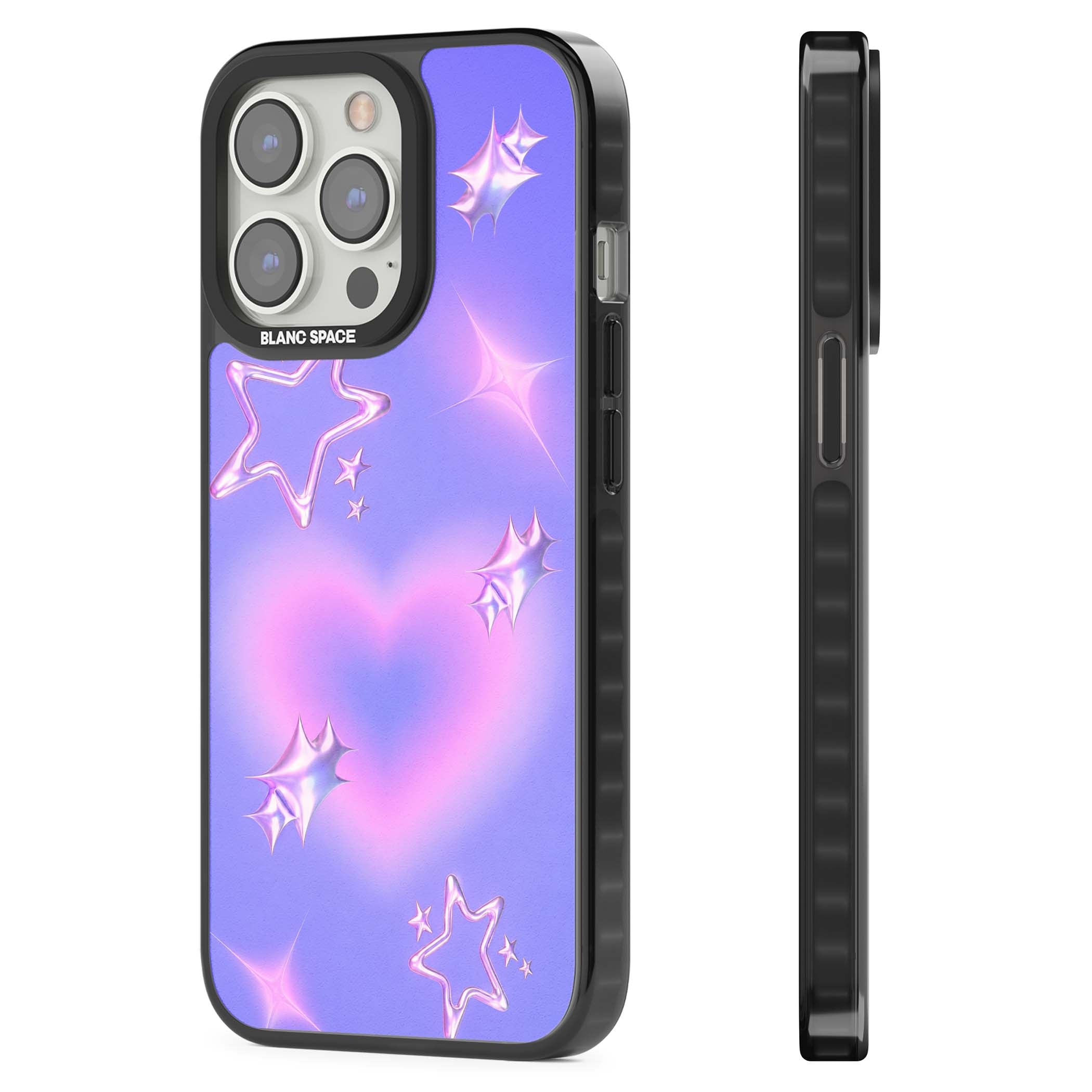 Soft Sugar Y2K iPhone case featuring iridescent chrome hearts, metallic pink stars and a lavender gradient sky | Black Impact Magsafe case for iPhone 13 Pro, iPhone 14 Pro, iPhone 15 Pro