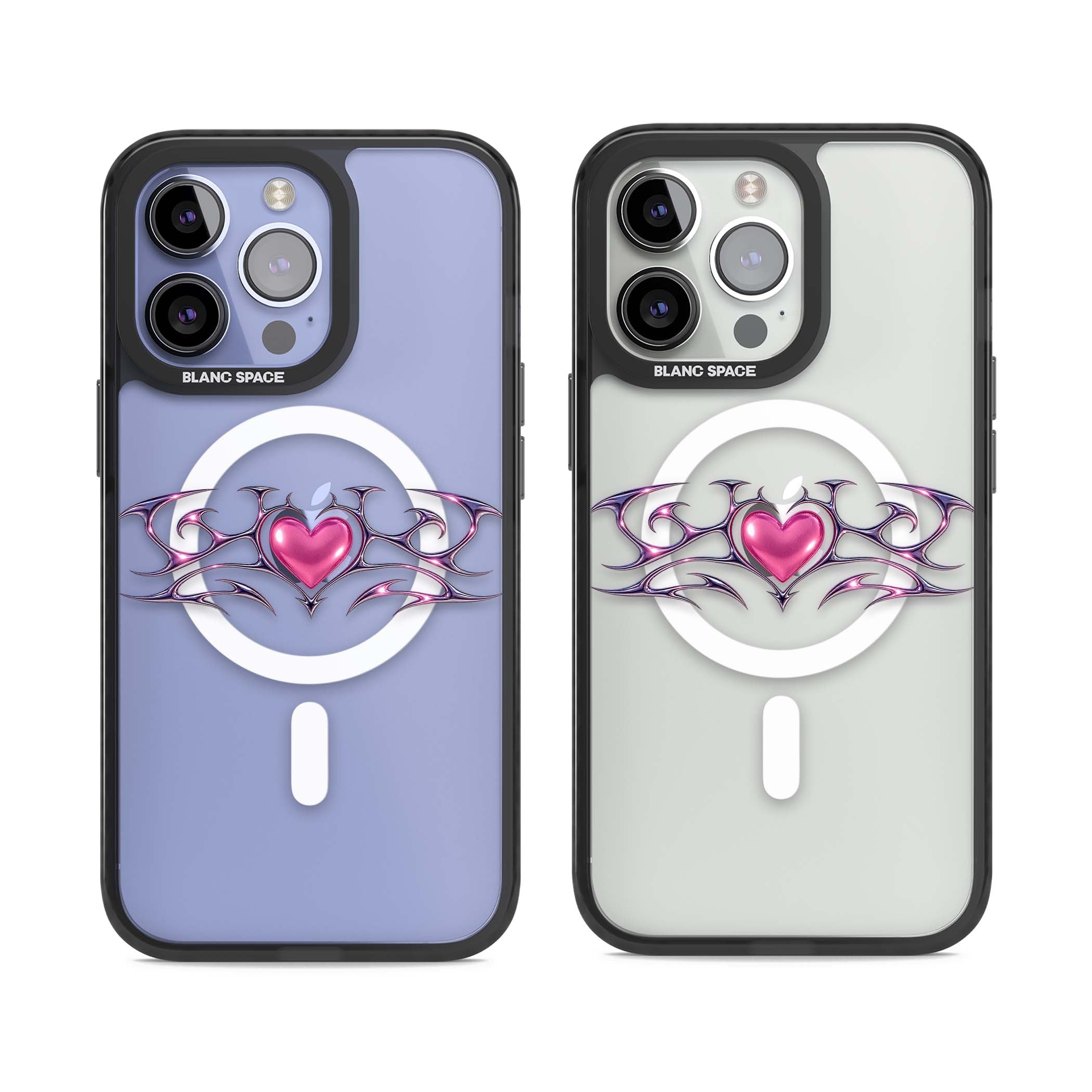 Pink Chrome Heart y2k iPhone case | Black Impact Magsafe case for iPhone 13 Pro, iPhone 14 Pro, iPhone 15 Pro