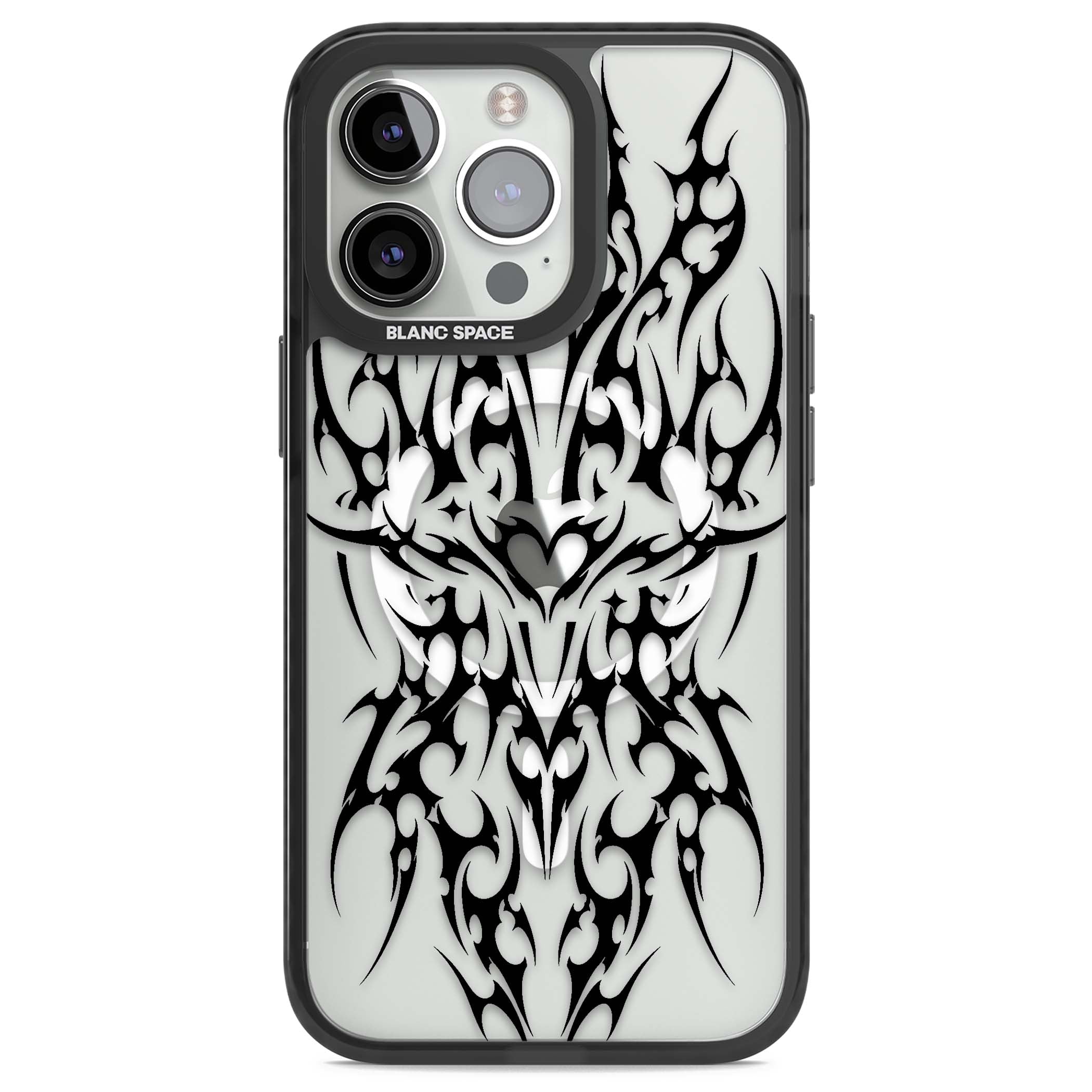 Neo Tribal Heart gothic iPhone case featuring symmetrical black tribal tattoo art with sharp thorn-like linework | Black Impact Magsafe case for iPhone 13 Pro, iPhone 14 Pro, iPhone 15 Pro