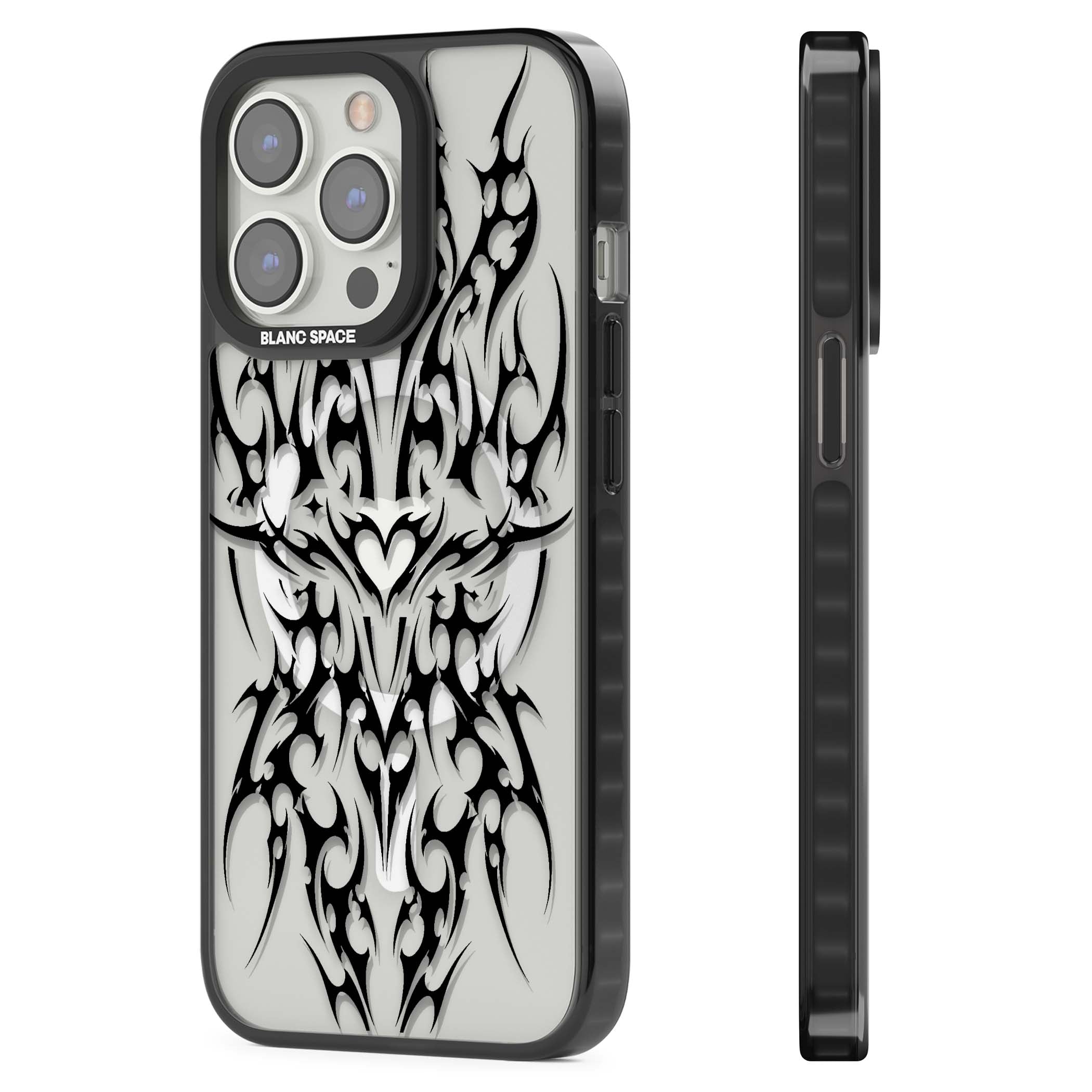 Neo Tribal Heart gothic iPhone case featuring symmetrical black tribal tattoo art with sharp thorn-like linework | Black Impact Magsafe case for iPhone 13 Pro, iPhone 14 Pro, iPhone 15 Pro