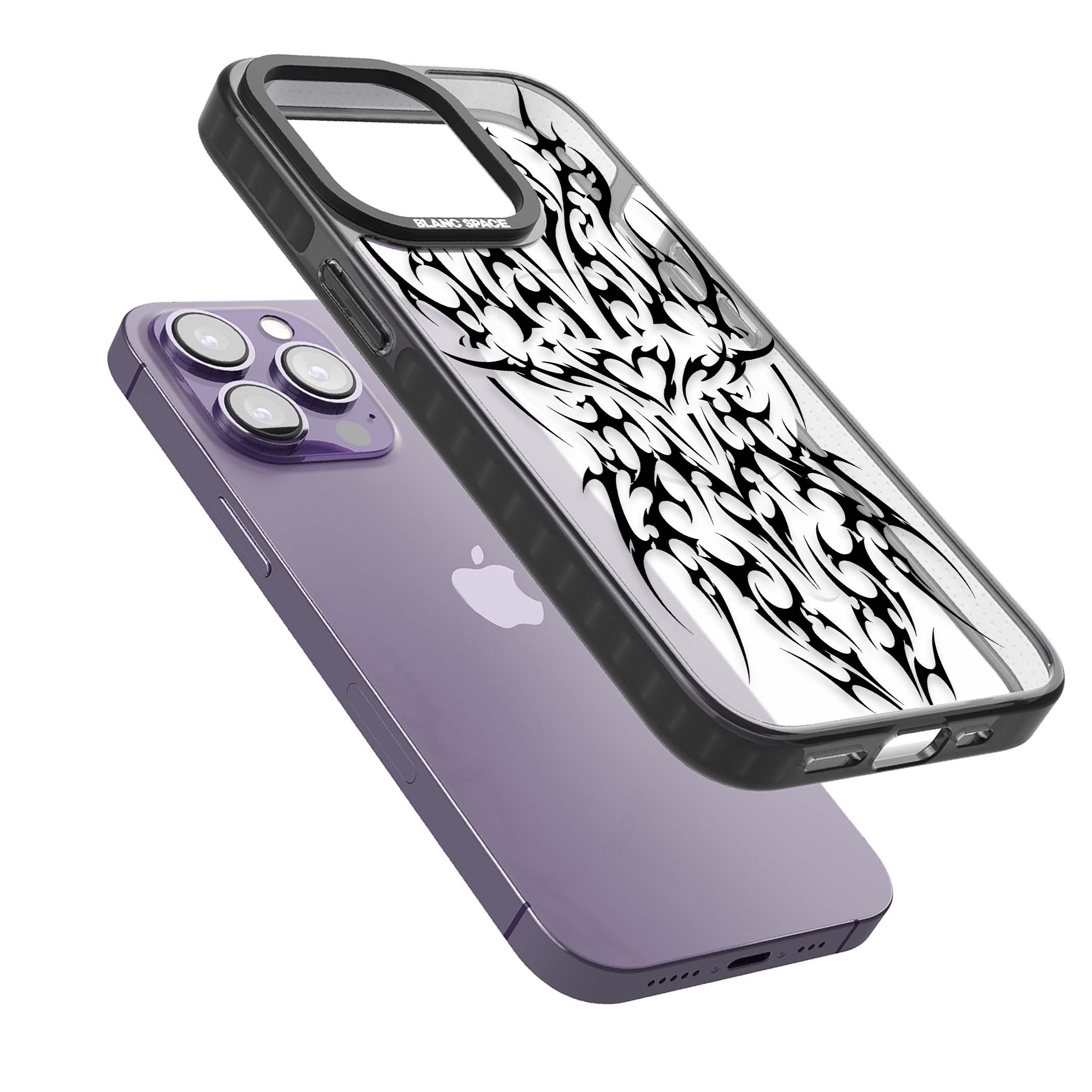 Neo Tribal Heart gothic iPhone case featuring symmetrical black tribal tattoo art with sharp thorn-like linework | Black Impact Magsafe case for iPhone 13 Pro, iPhone 14 Pro, iPhone 15 Pro