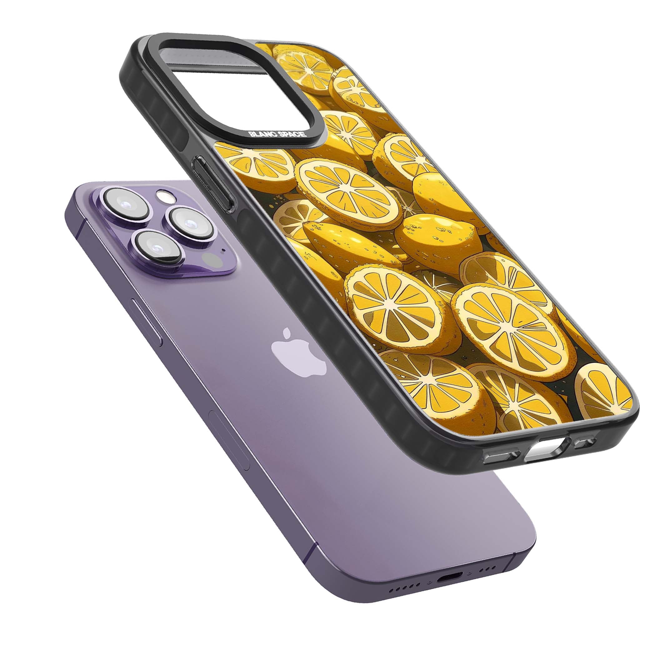 Zesty coastal iPhone case featuring illustrated Mediterranean lemons and citrus slices in golden yellow | Black Impact Magsafe case for iPhone 13 Pro, iPhone 14 Pro, iPhone 15 Pro