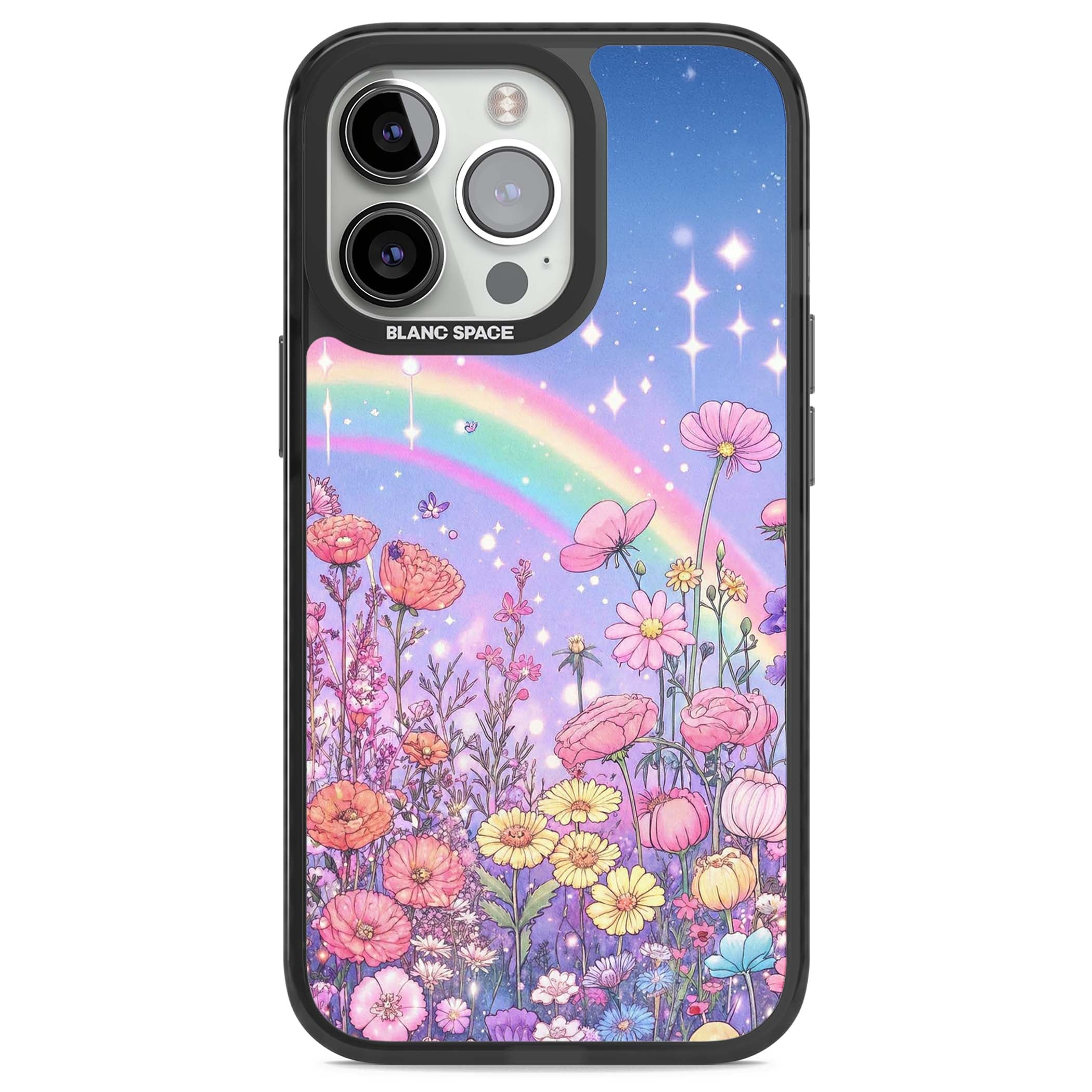Magical Meadow fairycore iPhone case featuring a pastel rainbow, sparkling stars and a wildflower meadow | Black Impact case for iPhone 13 Pro, iPhone 14 Pro, iPhone 15 Pro