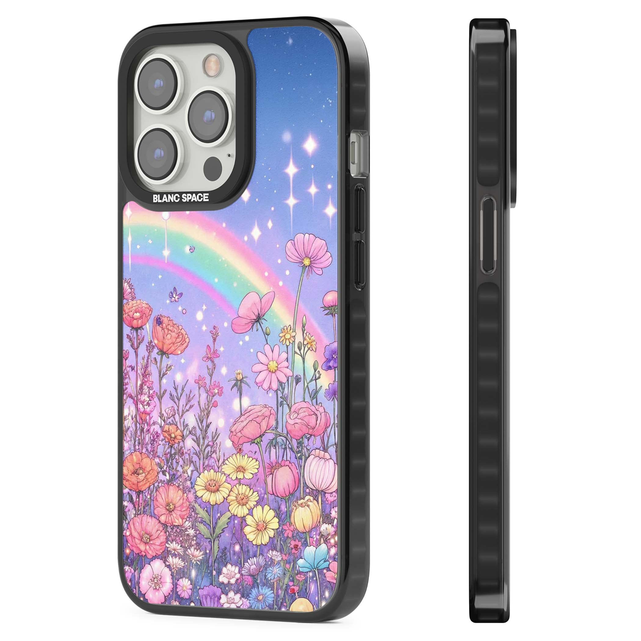 Magical Meadow fairycore iPhone case featuring a pastel rainbow, sparkling stars and a wildflower meadow | Black Impact case for iPhone 13 Pro, iPhone 14 Pro, iPhone 15 Pro