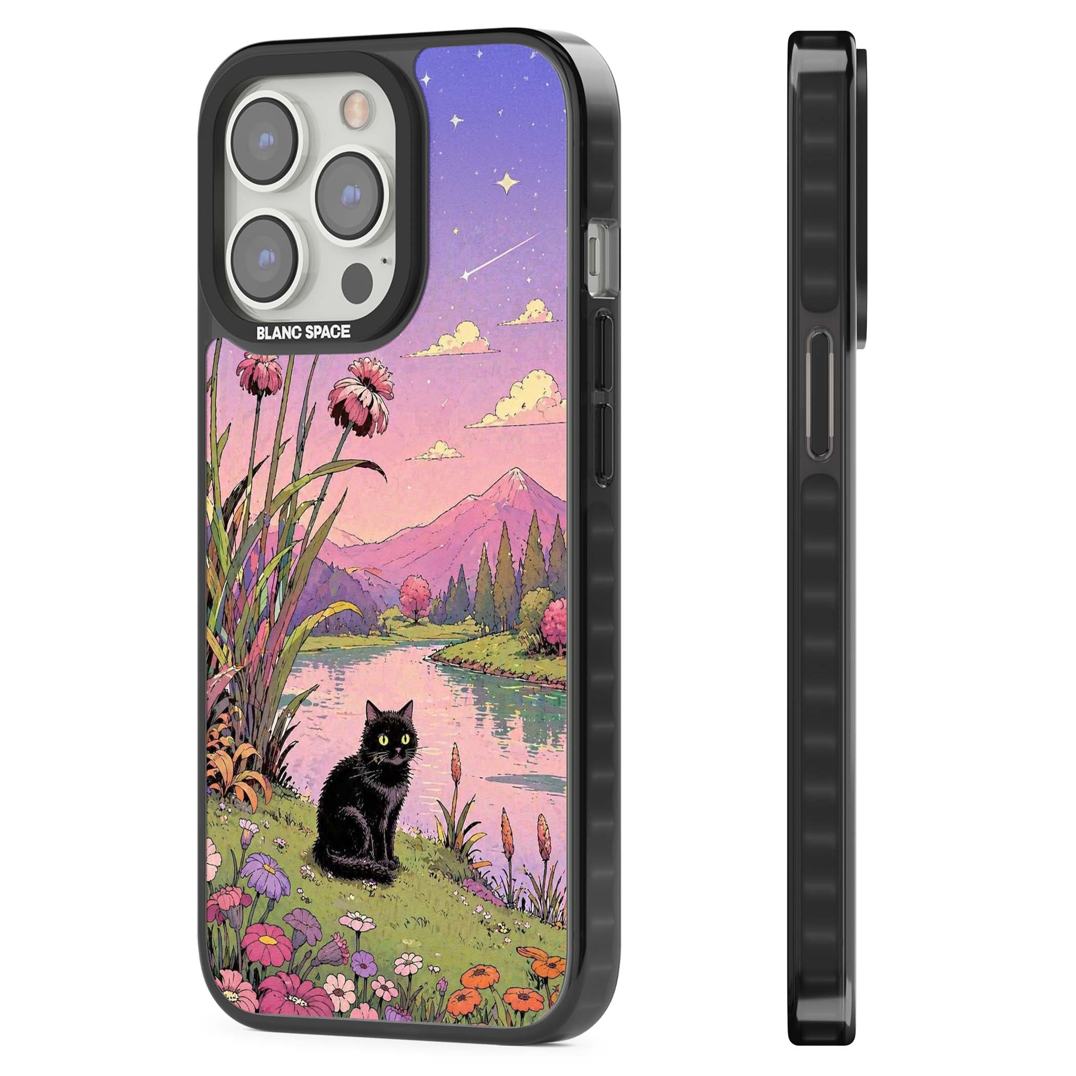 Mystic Whiskers ghibli iPhone case featuring a black cat by a pastel lake, wildflowers and a starry sunset sky | Black Impact case for iPhone 13 Pro, iPhone 14 Pro, iPhone 15 Pro