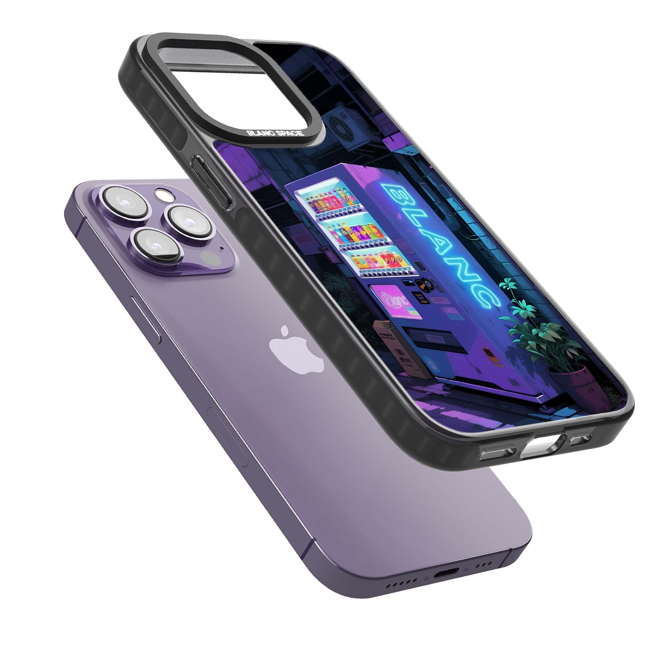 Shibuya Glow Japanese iPhone case featuring a glowing Tokyo vending machine, neon signage, and moody purple alleyway | Black Impact case for iPhone 13 Pro, iPhone 14 Pro, iPhone 15 Pro