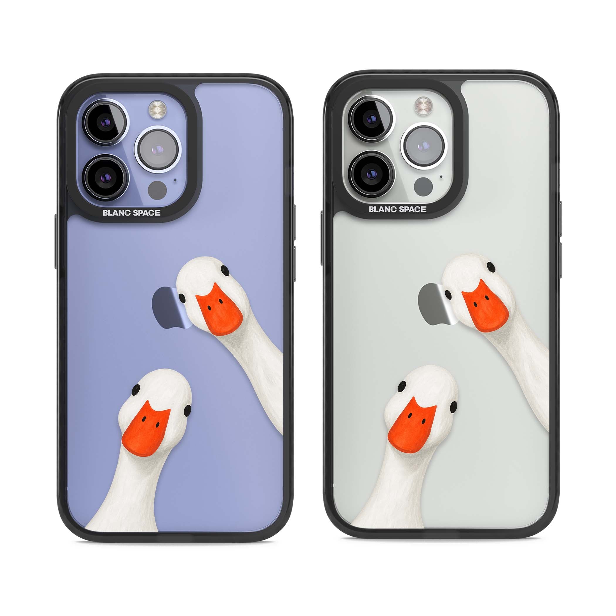 Nosy Ducks cottagecore iPhone case featuring two peeking white ducks with orange beaks on a clear background | Black Impact case for iPhone 13 Pro, iPhone 14 Pro, iPhone 15 Pro