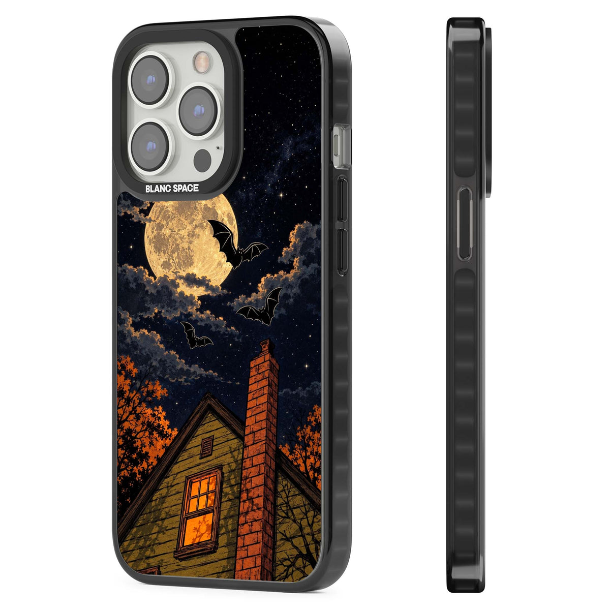 Hollows Eve Halloween iPhone case featuring a haunted house, full moon and flying bats against a starry autumn sky | Black Impact case for iPhone 13 Pro, iPhone 14 Pro, iPhone 15 Pro