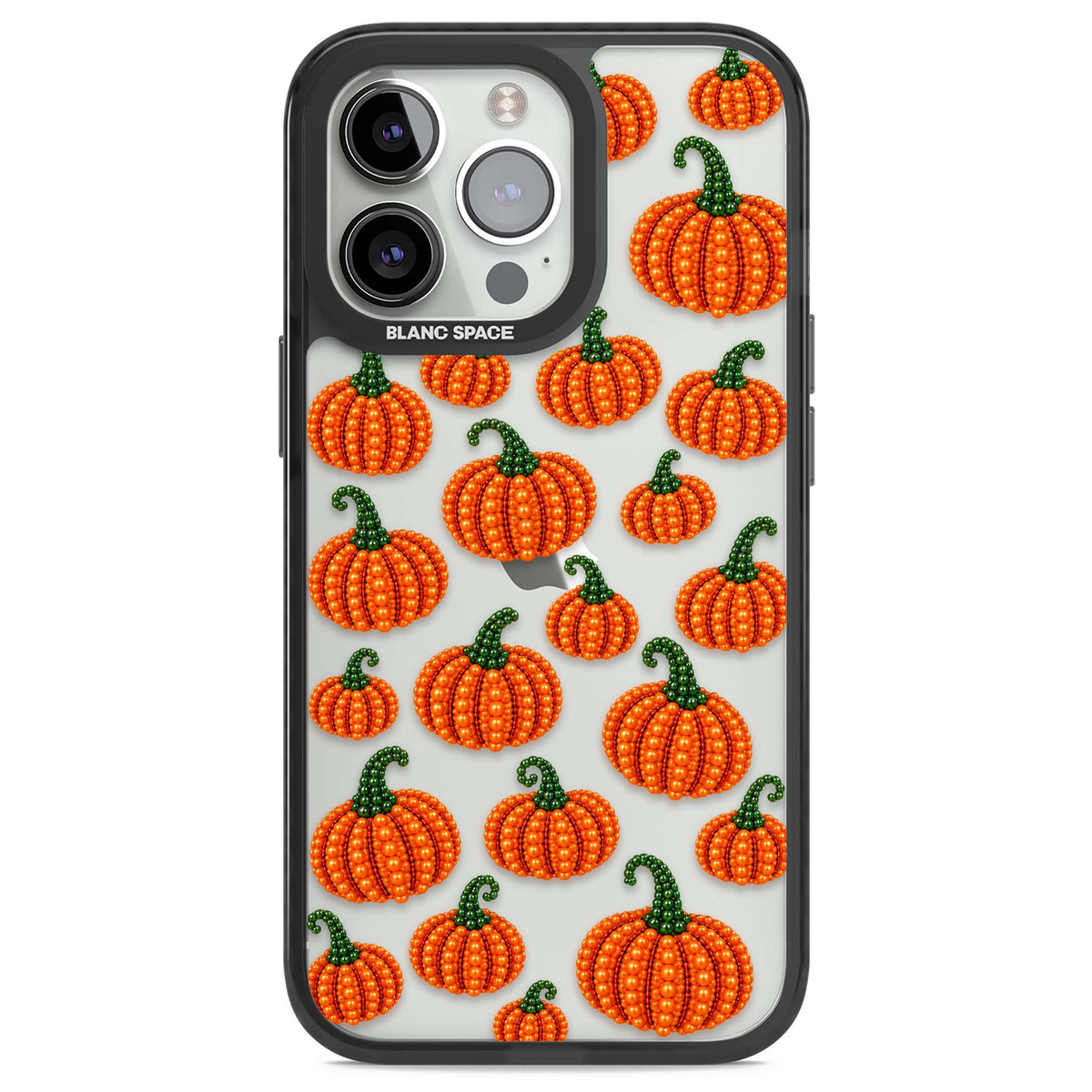 Beaded Pumpkins halloween iPhone case featuring beaded orange pumpkins with green stems on a clear background | Black Impact case for iPhone 13 Pro, iPhone 14 Pro, iPhone 15 Pro
