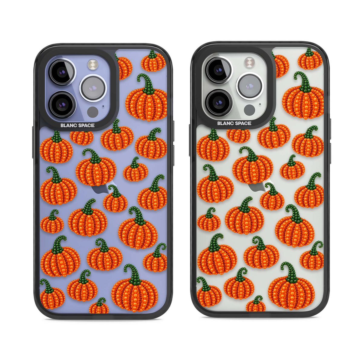 Beaded Pumpkins halloween iPhone case featuring beaded orange pumpkins with green stems on a clear background | Black Impact case for iPhone 13 Pro, iPhone 14 Pro, iPhone 15 Pro