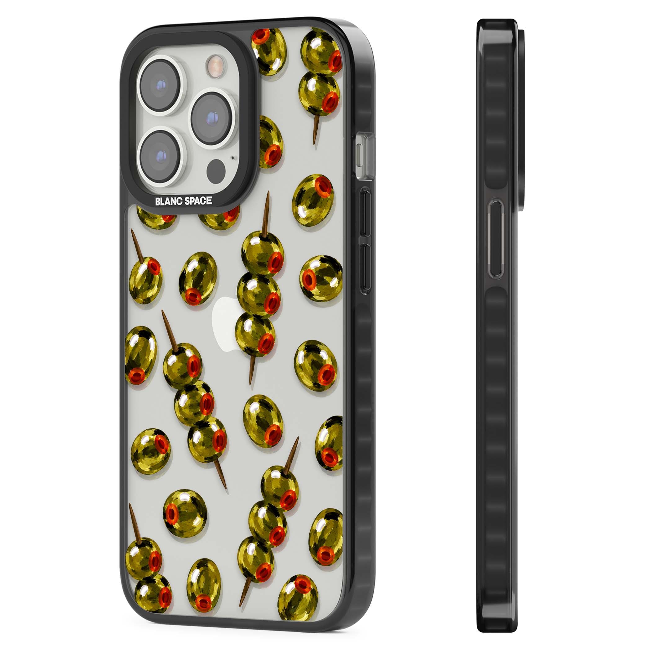 Painted Olives cocktail iPhone case featuring green olives, pimento centres and toothpick skewers on a clear background | Black Impact case for iPhone 13 Pro, iPhone 14 Pro, iPhone 15 Pro