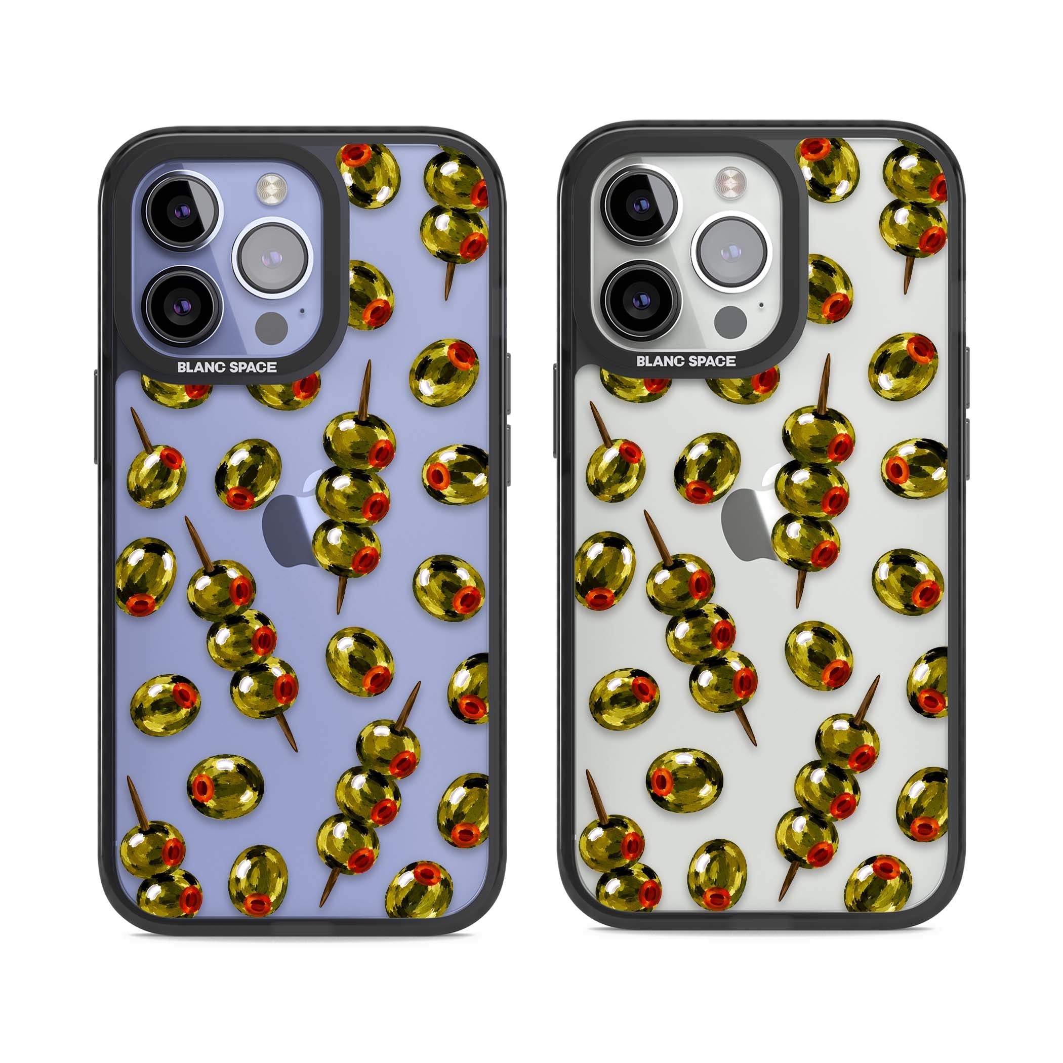 Painted Olives cocktail iPhone case featuring green olives, pimento centres and toothpick skewers on a clear background | Black Impact case for iPhone 13 Pro, iPhone 14 Pro, iPhone 15 Pro