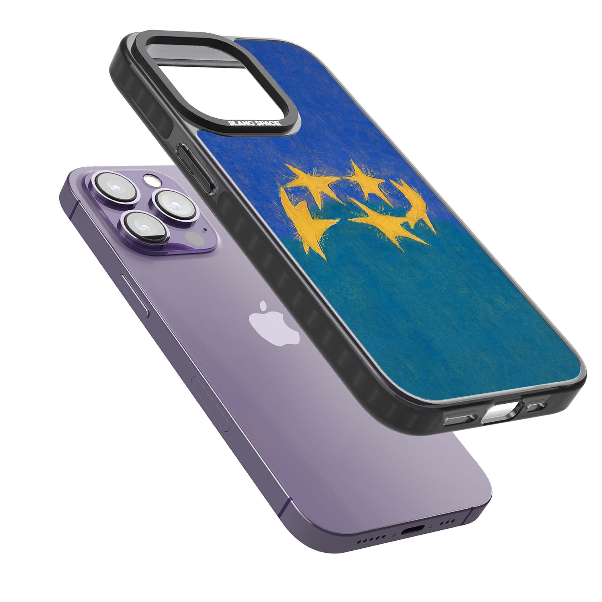 Star Boogie stars aesthetic iPhone case featuring five yellow hand-painted stars on cobalt blue and teal | Black Impact case for iPhone 13 Pro, iPhone 14 Pro, iPhone 15 Pro