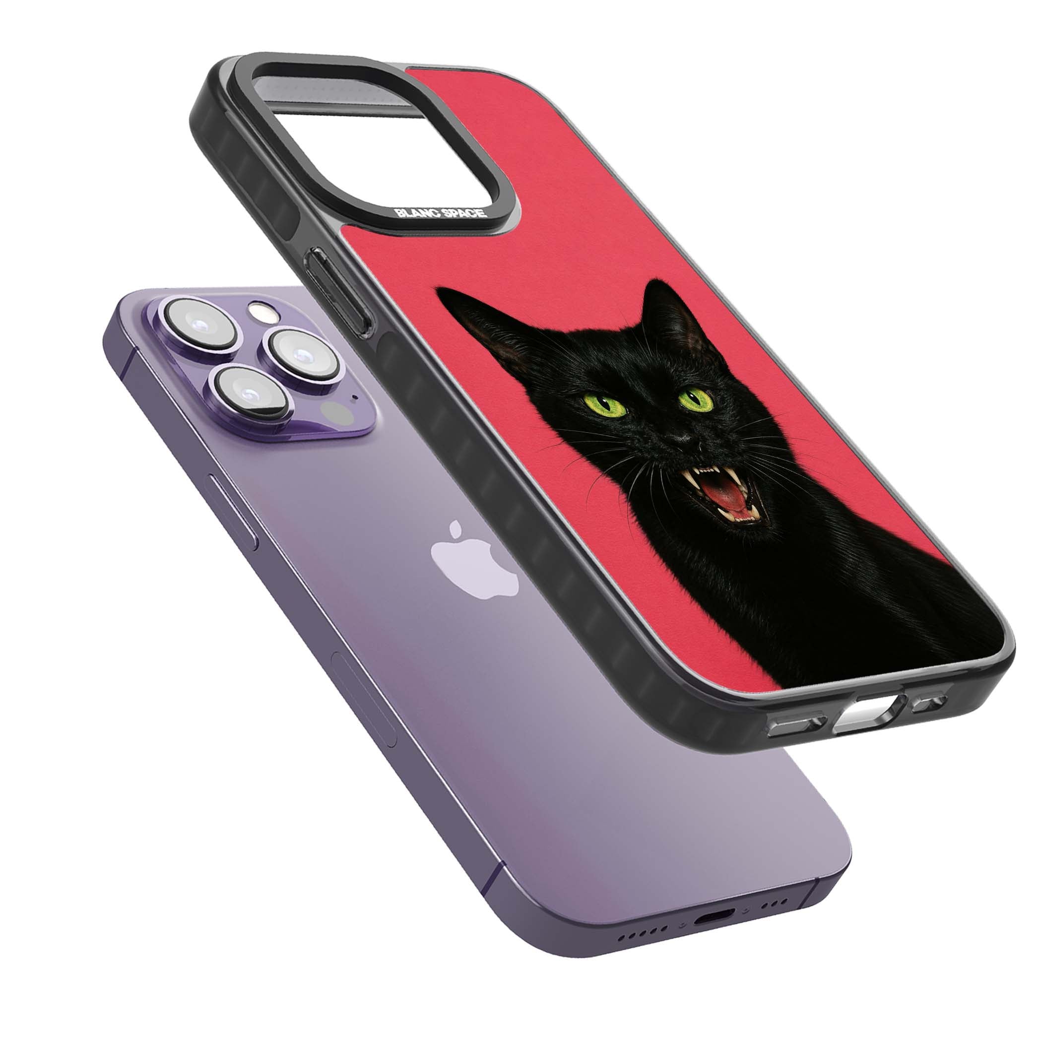 Hissin' Baddie black cat iPhone case featuring a hissing feline with green eyes on a hot pink background | Black Impact case for iPhone 13 Pro, iPhone 14 Pro, iPhone 15 Pro