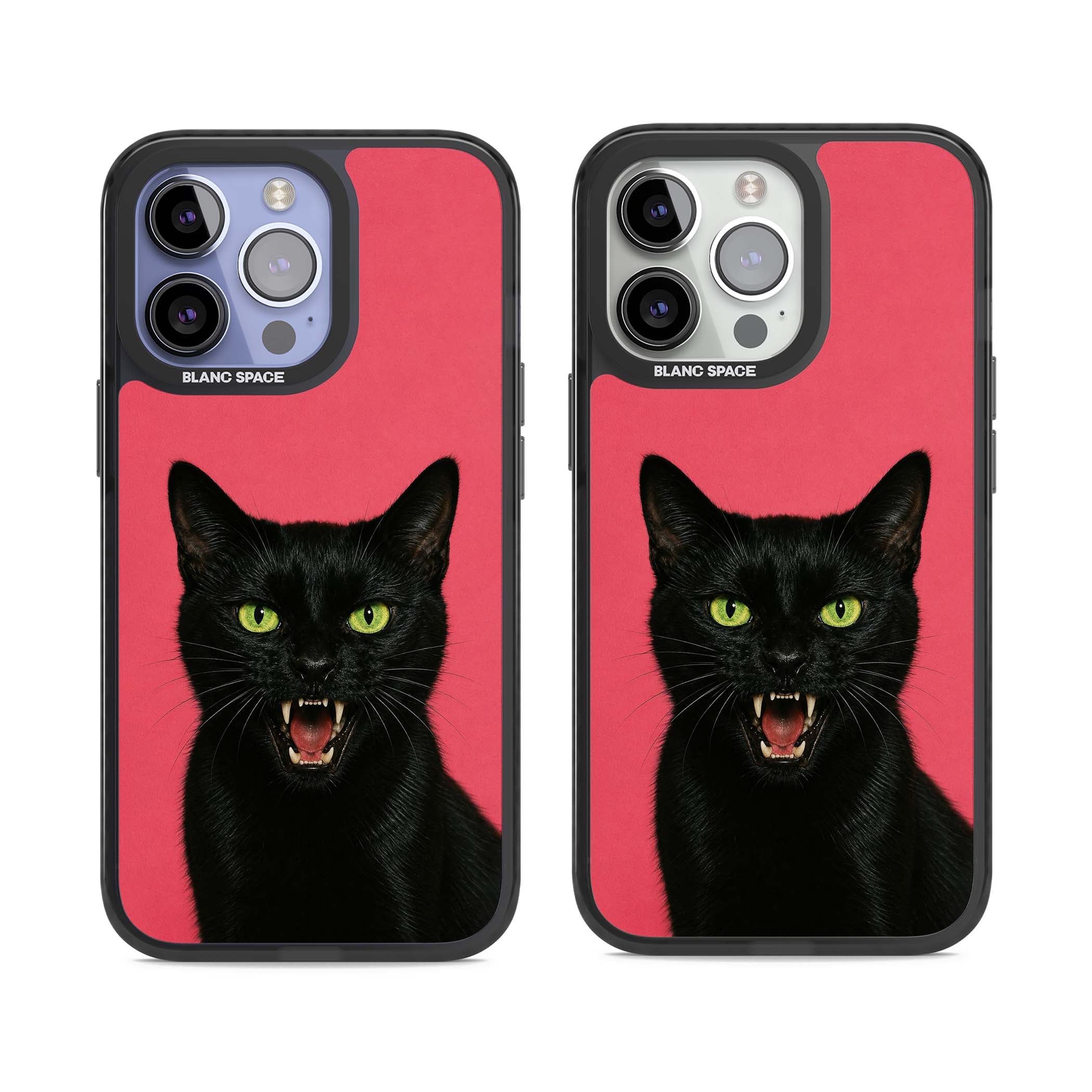 Hissin' Baddie black cat iPhone case featuring a hissing feline with green eyes on a hot pink background | Black Impact case for iPhone 13 Pro, iPhone 14 Pro, iPhone 15 Pro