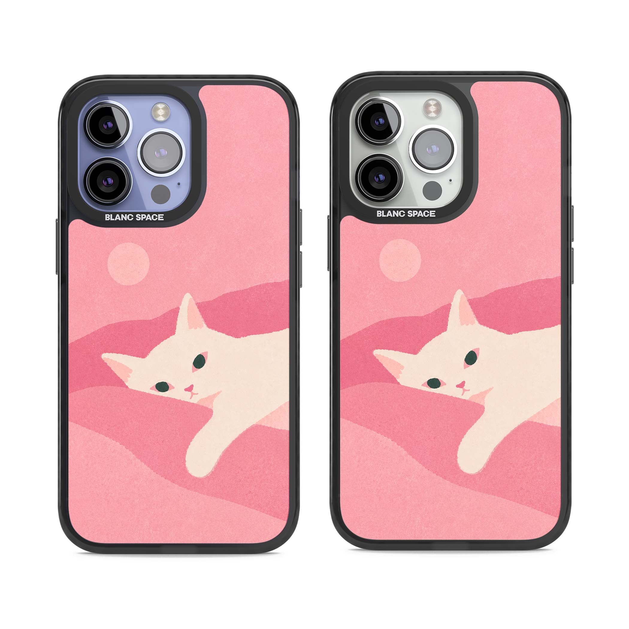 Pink Dreams cute cat iPhone case featuring a white kitten, soft pink hills and a pale pastel sun | Black Impact case for iPhone 13 Pro, iPhone 14 Pro, iPhone 15 Pro