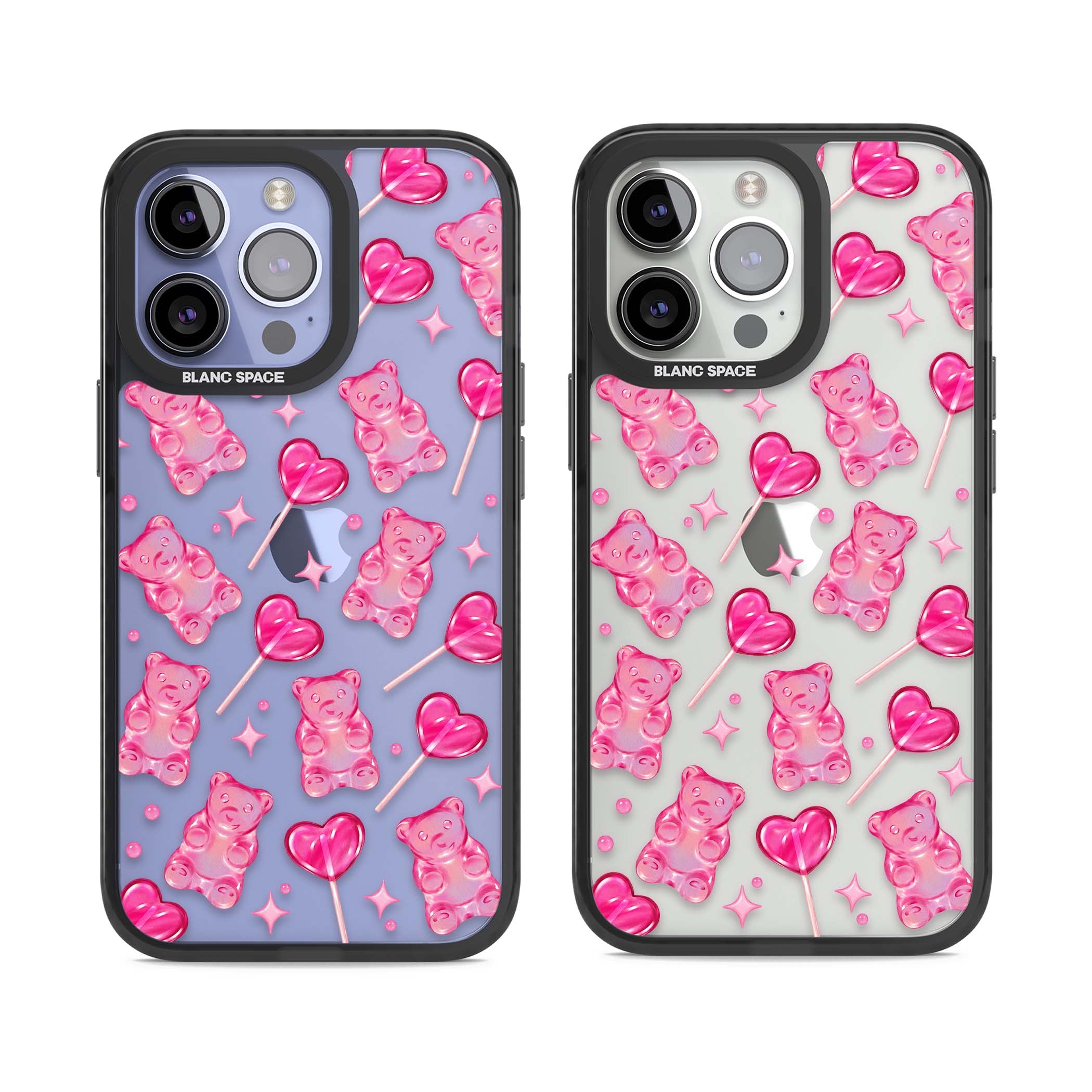 Pink Sugar pinkcore iPhone case featuring pink gummy bears, heart-shaped lollipops and sparkle stars | Black Impact case for iPhone 13 Pro, iPhone 14 Pro, iPhone 15 Pro