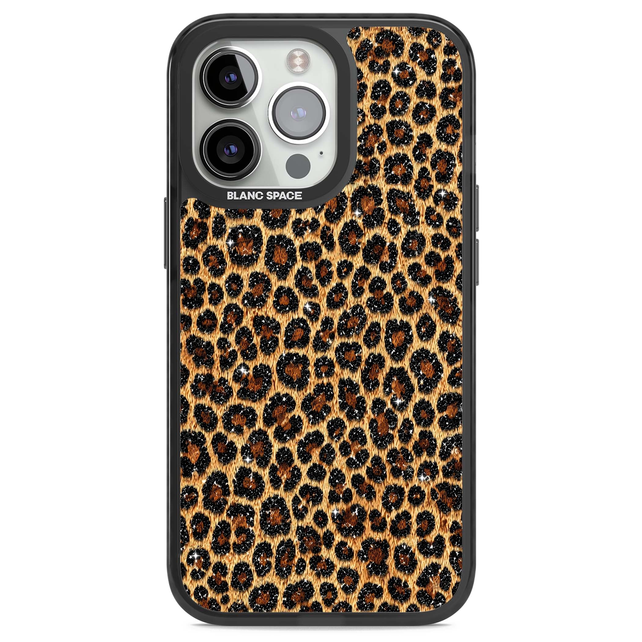 Diamond Leopard leopard print iPhone case featuring golden tan fur, black rosette spots and subtle glitter sparkle | Black Impact case for iPhone 13 Pro, iPhone 14 Pro, iPhone 15 Pro
