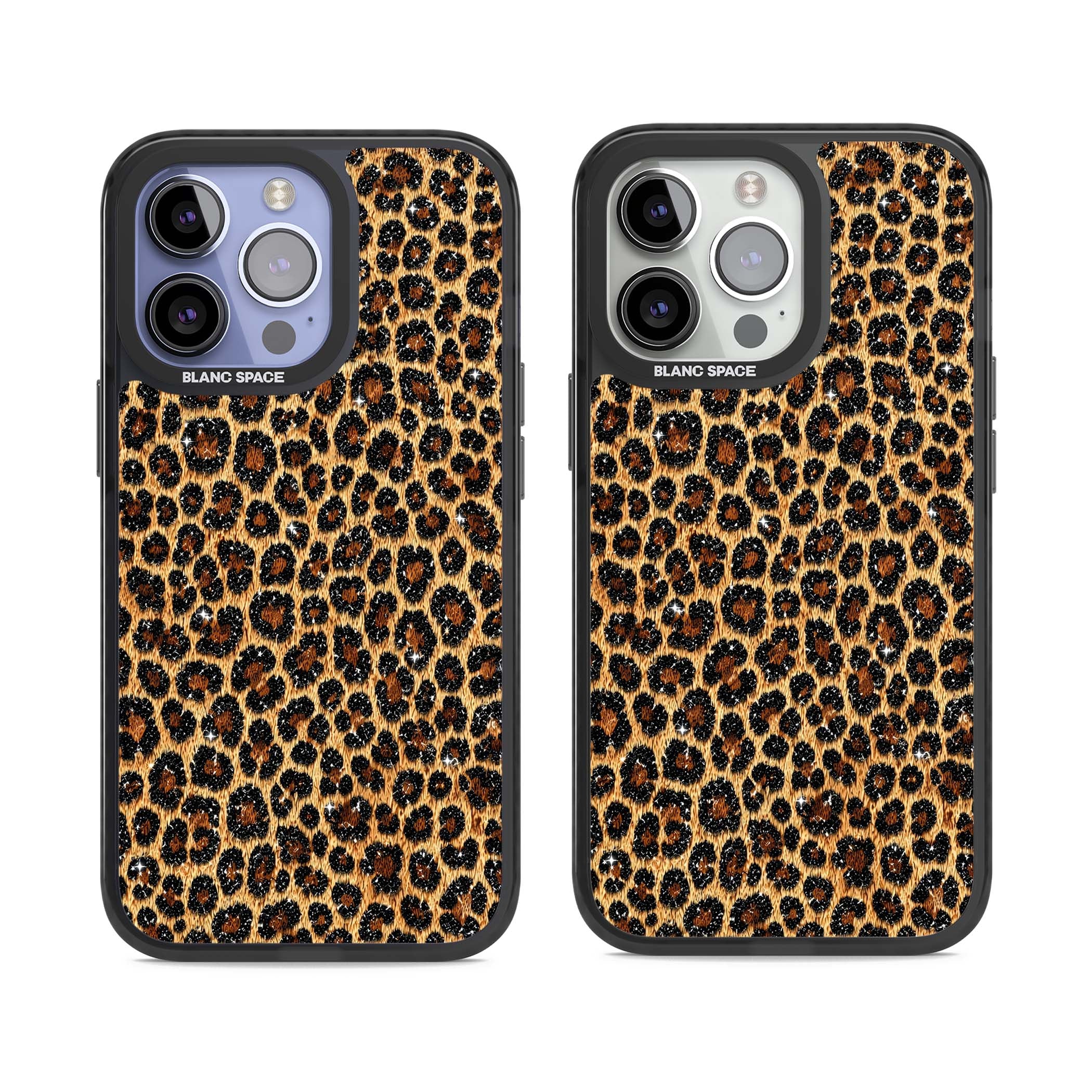 Diamond Leopard leopard print iPhone case featuring golden tan fur, black rosette spots and subtle glitter sparkle | Black Impact case for iPhone 13 Pro, iPhone 14 Pro, iPhone 15 Pro