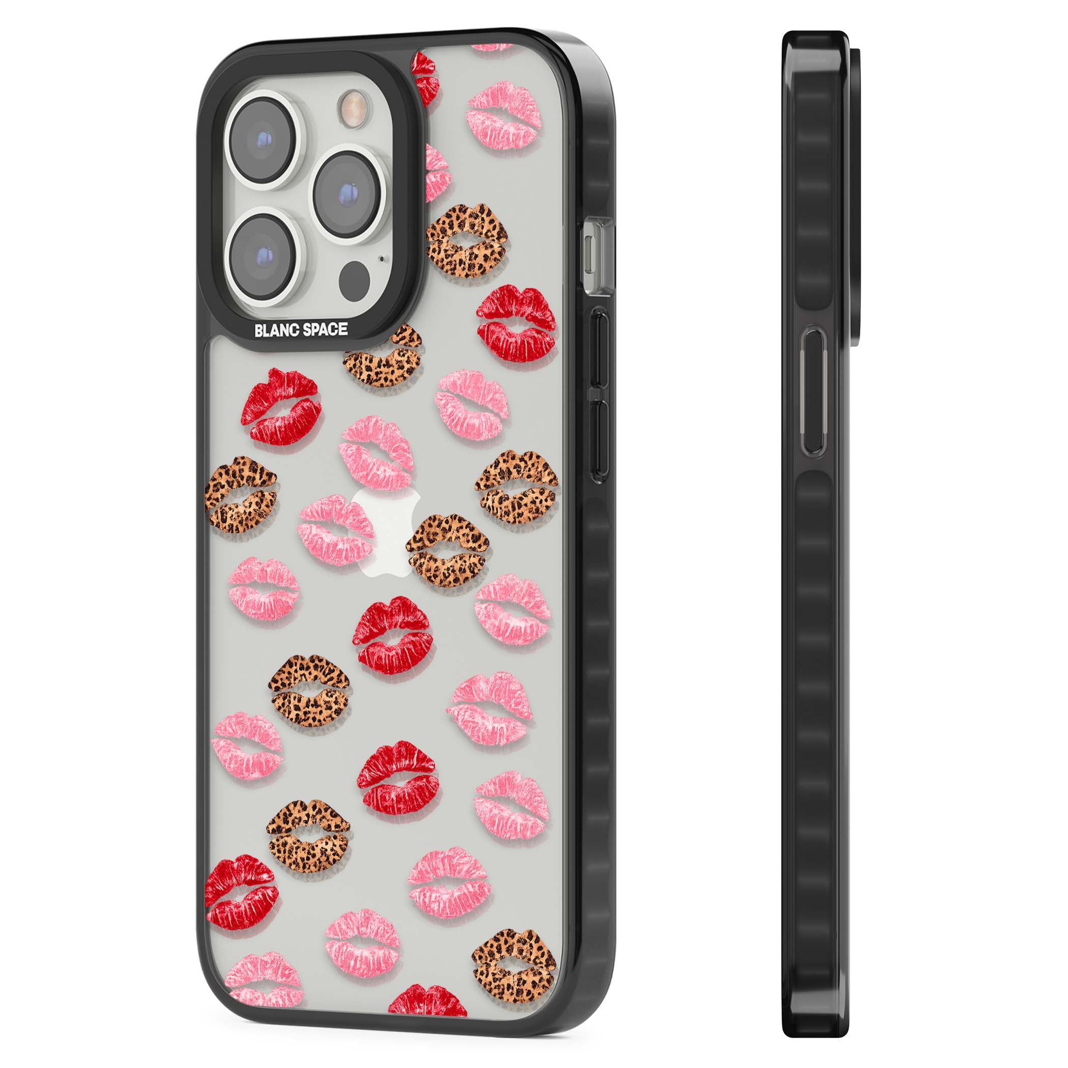 Wild Kisses coquette iPhone case featuring red, pink and leopard print lipstick kiss marks on a clear background | Black Impact case for iPhone 13 Pro, iPhone 14 Pro, iPhone 15 Pro