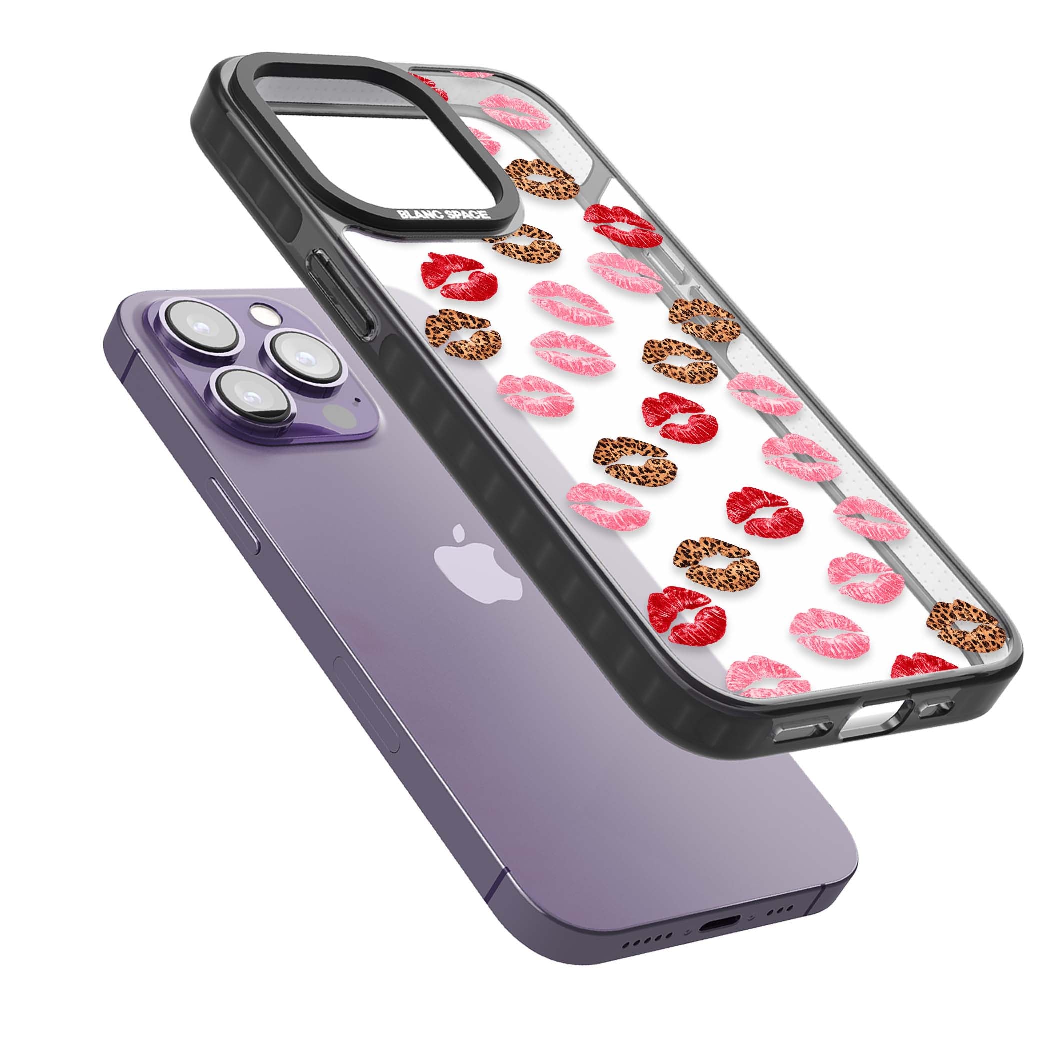 Wild Kisses coquette iPhone case featuring red, pink and leopard print lipstick kiss marks on a clear background | Black Impact case for iPhone 13 Pro, iPhone 14 Pro, iPhone 15 Pro