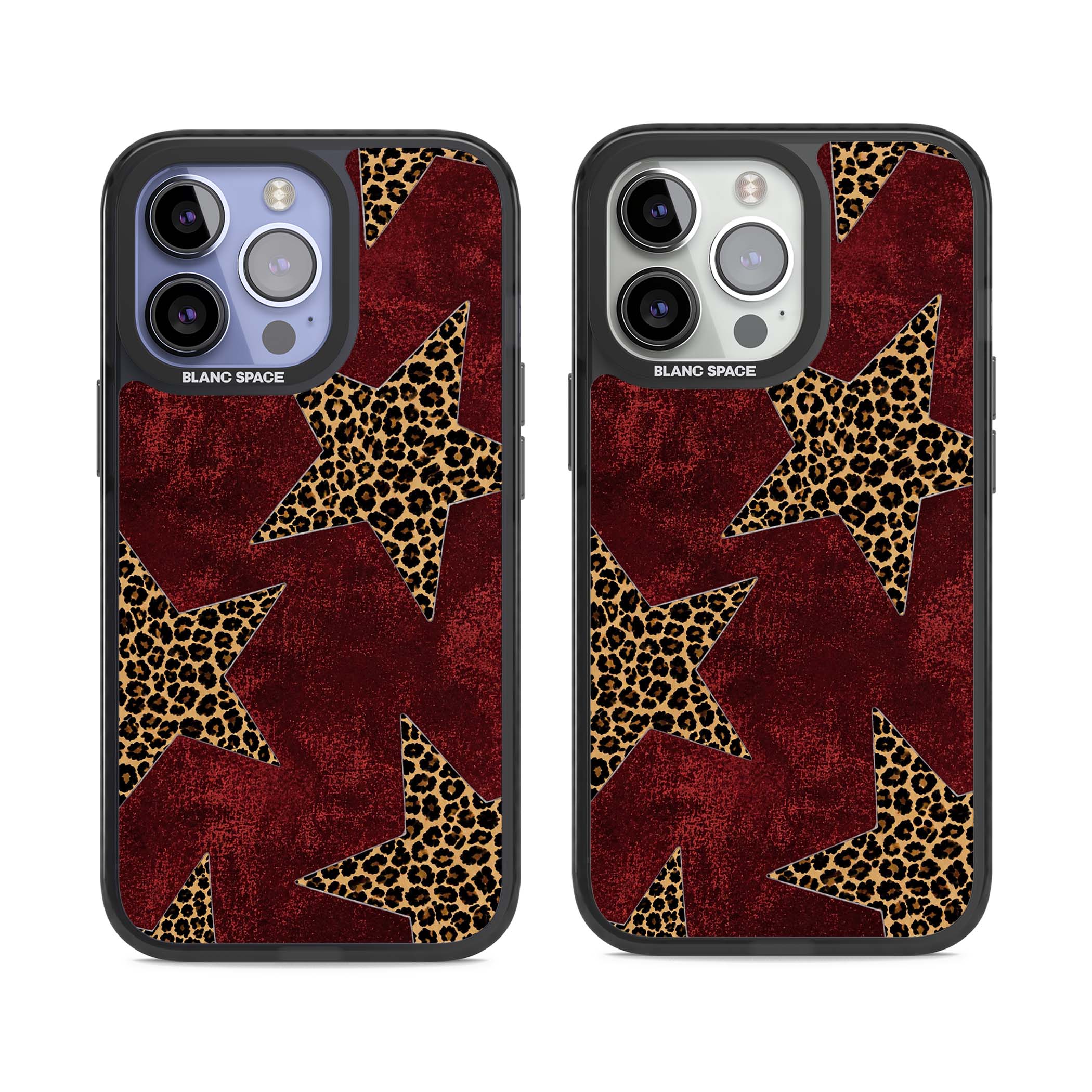Showgirl leopard print iPhone case featuring cheetah print stars on distressed red grunge background | Black Impact case for iPhone 13 Pro, iPhone 14 Pro, iPhone 15 Pro