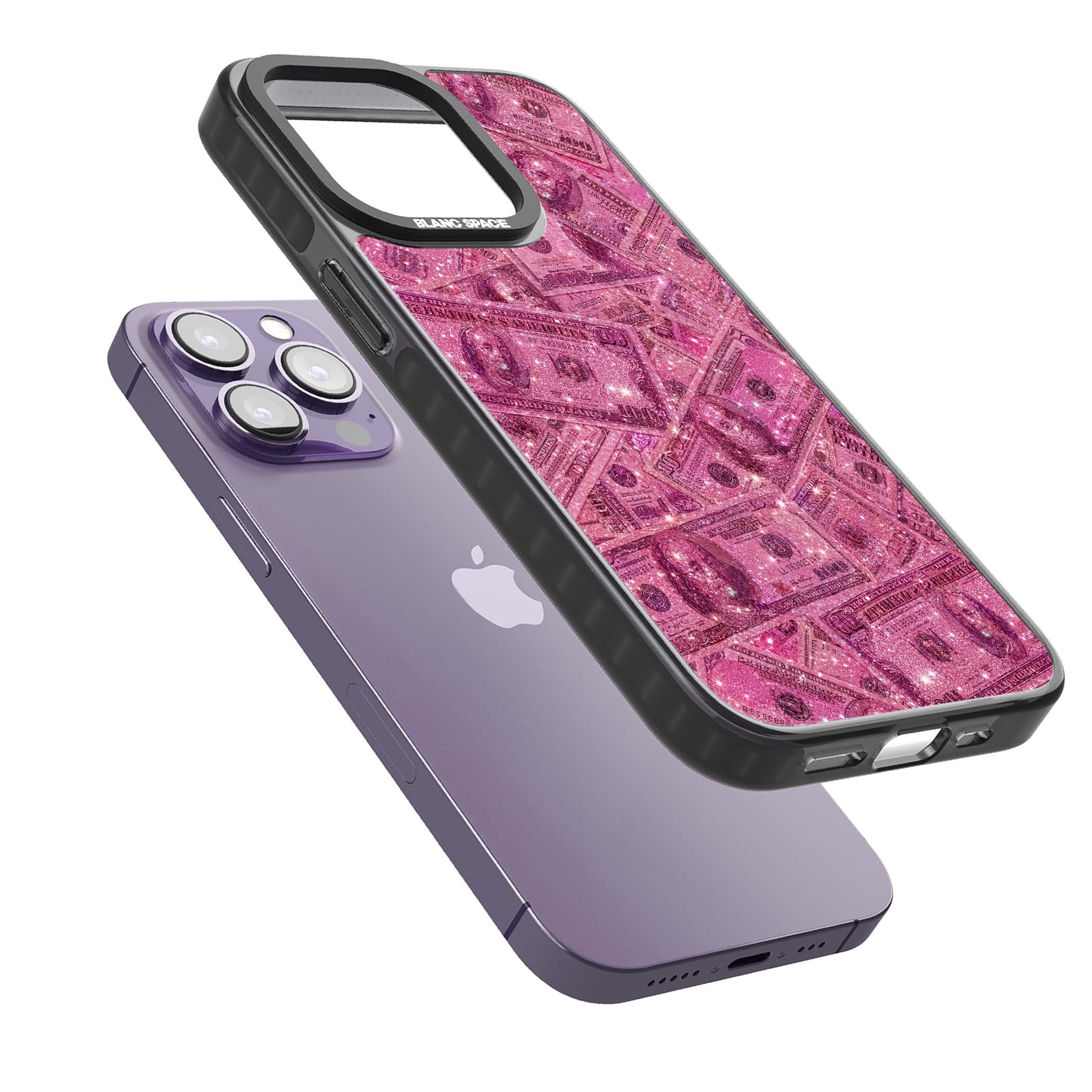 Glamorous baddie iPhone case featuring pink glitter hundred dollar bills and sparkling money wallpaper design | Black Impact case for iPhone 13 Pro, iPhone 14 Pro, iPhone 15 Pro