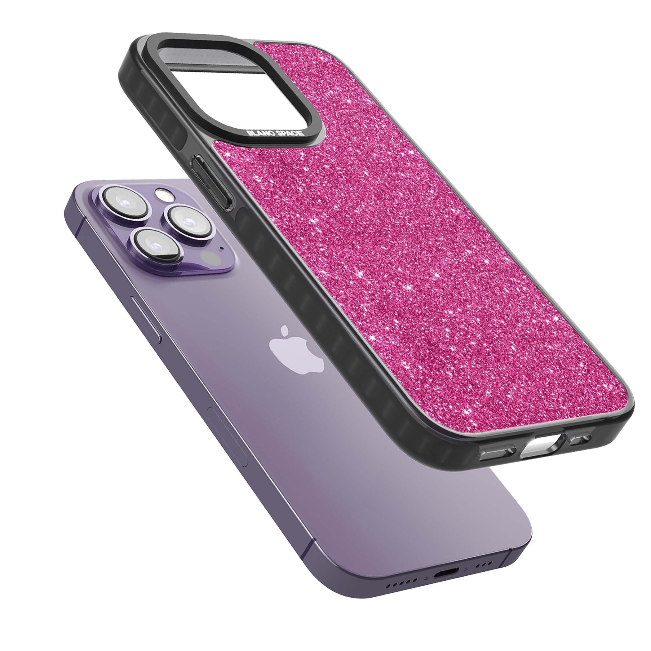 Pink Glitter Y2K iPhone case featuring hot pink glitter wallpaper with sparkle shimmer effect | Black Impact case for iPhone 13 Pro, iPhone 14 Pro, iPhone 15 Pro