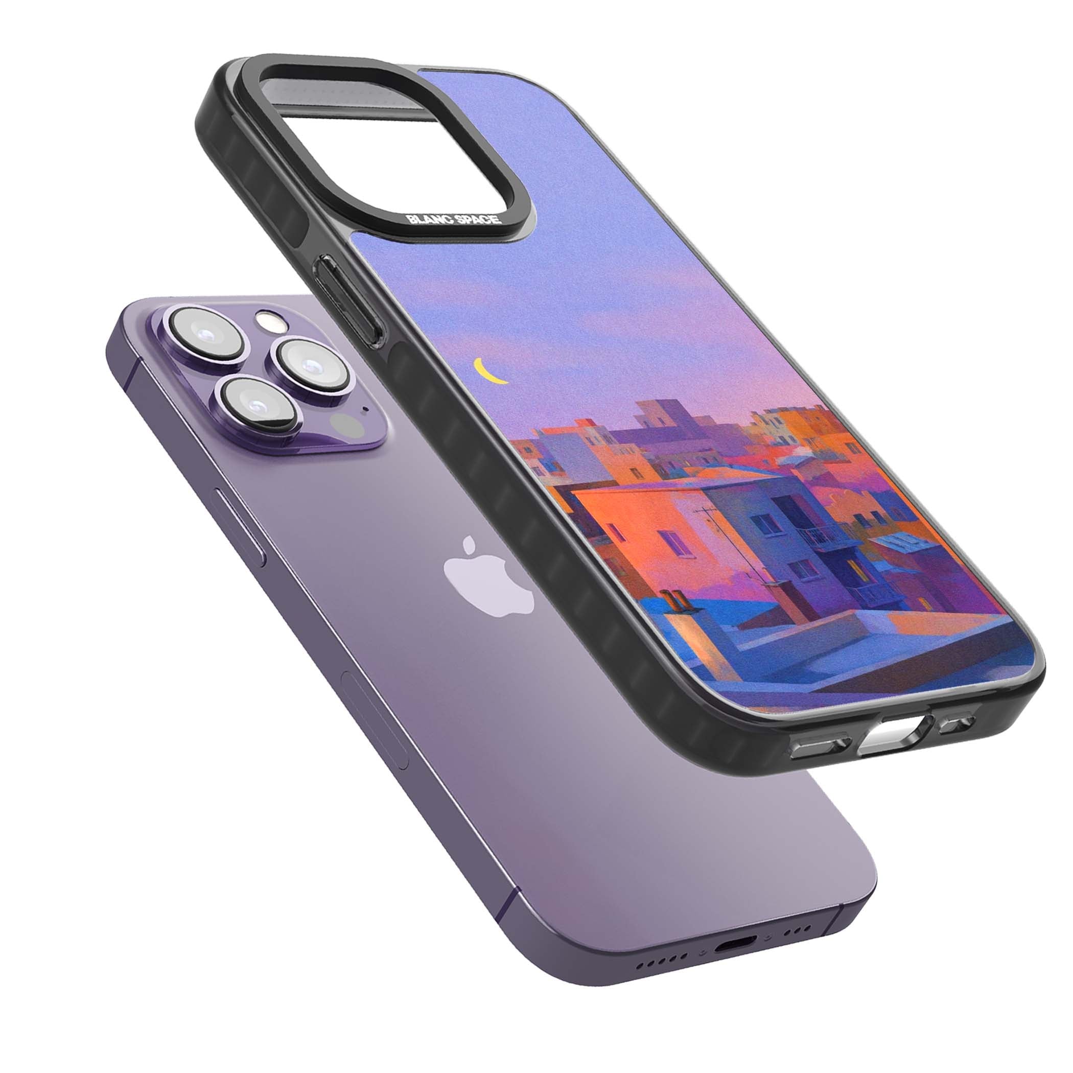 Twilight Rooftops vaporwave iPhone case featuring a pastel sunset cityscape, painted rooftops and a crescent moon. | Black Impact case for iPhone 13 Pro, iPhone 14 Pro, iPhone 15 Pro
