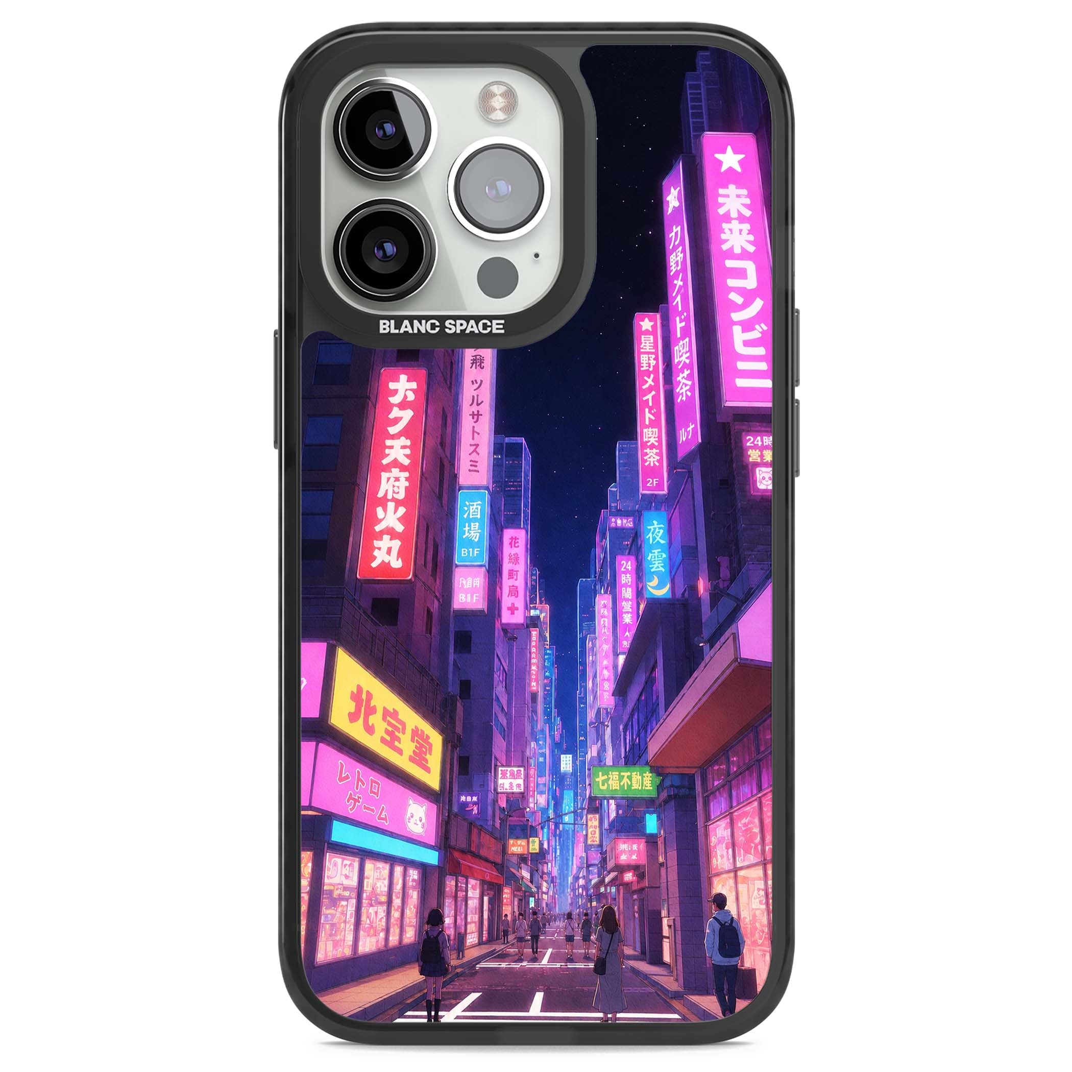 Shibuya At Night Japanese neon city iPhone case featuring glowing kanji signs, pink storefronts and a Tokyo street at n | Black Impact case for iPhone 13 Pro, iPhone 14 Pro, iPhone 15 Pro
