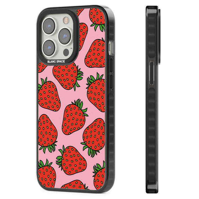 Strawberry Pattern (Pink) Black Impact Phone Case for iPhone 13 Pro, iPhone 14 Pro, iPhone 15 Pro