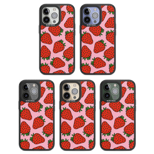 Strawberry Pattern (Pink) Black Impact Phone Case for iPhone 13 Pro, iPhone 14 Pro, iPhone 15 Pro