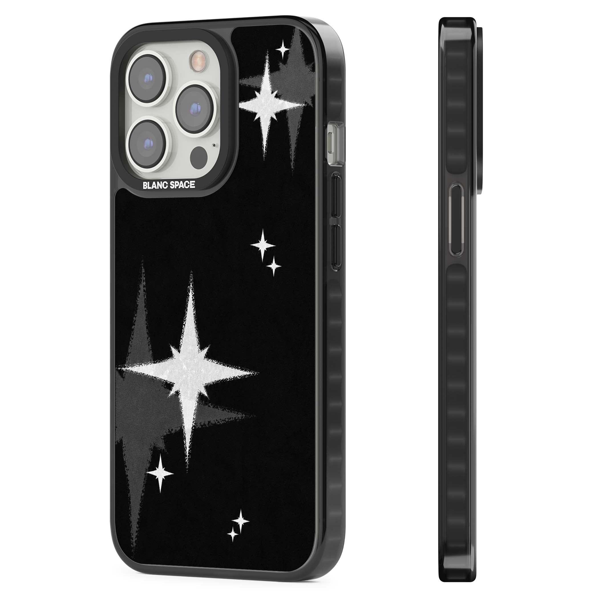Black Sparkle celestial iPhone case featuring white sparkle stars on a black night sky background | Black Impact case for iPhone 13 Pro, iPhone 14 Pro, iPhone 15 Pro