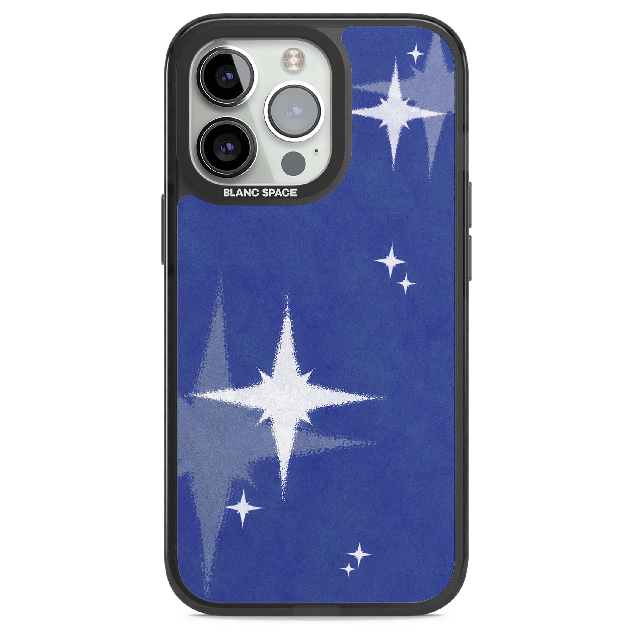 Blue Sparkle celestial iPhone case featuring sparkling silver stars on a deep blue painterly night sky | Black Impact case for iPhone 13 Pro, iPhone 14 Pro, iPhone 15 Pro