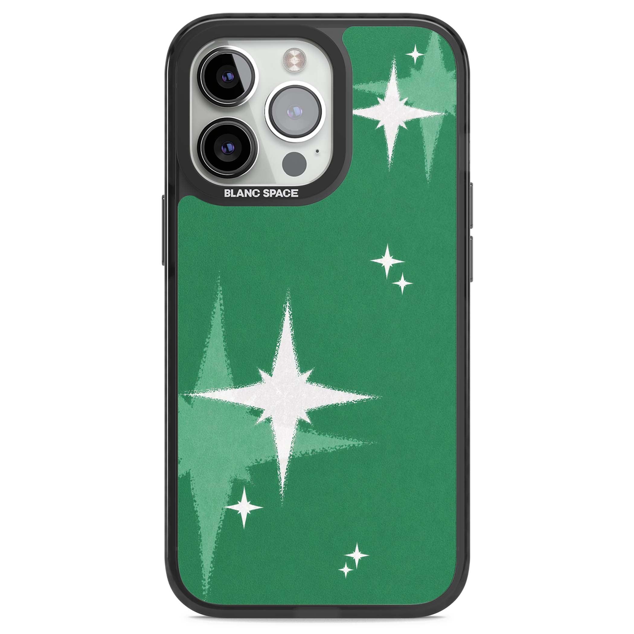Green Sparkle celestial iPhone case featuring sparkling white four-point stars on a deep green background | Black Impact case for iPhone 13 Pro, iPhone 14 Pro, iPhone 15 Pro